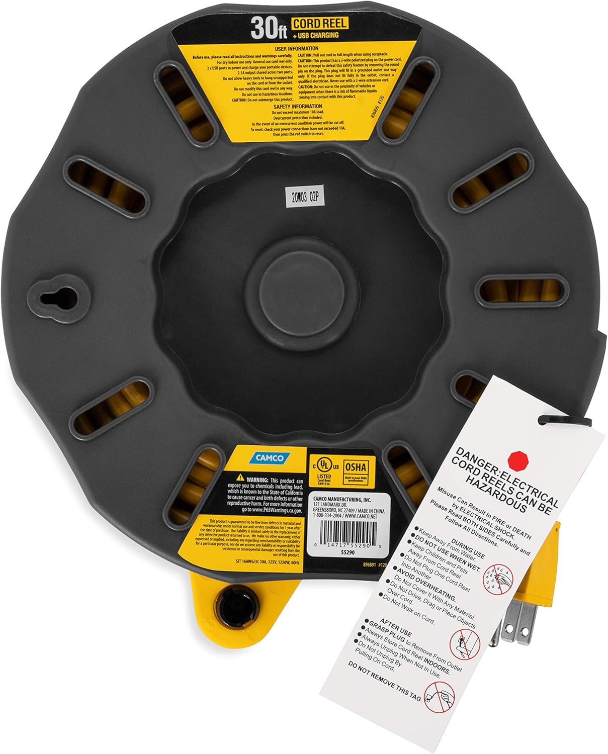 Camco Carrete de cable de extensión RV de 30 pies y 10 amperios, clasificado para 125 V1,250 W, cuenta con 4 tomas eléctricas de 125 V y 2 puertos