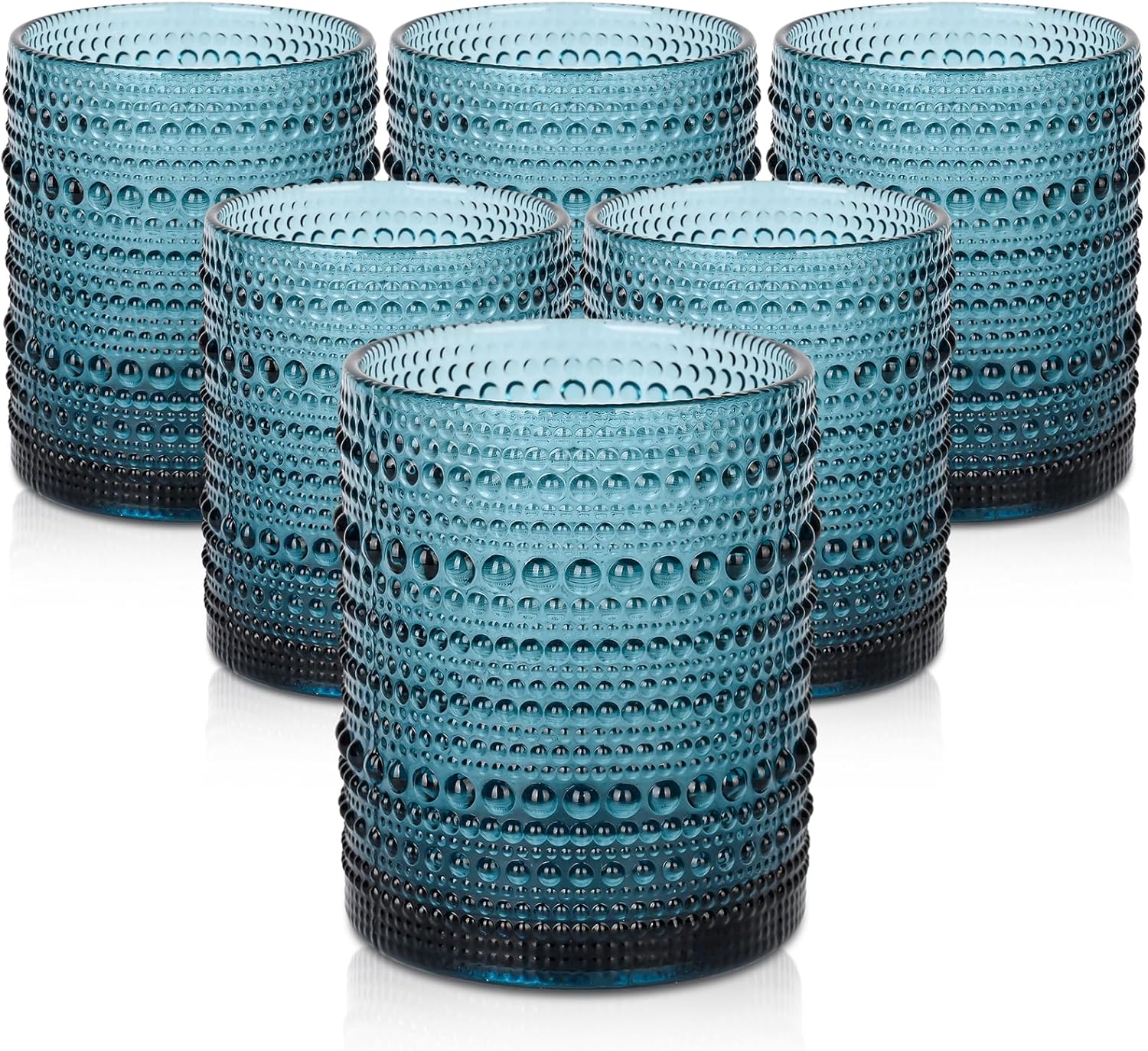Juego de vasos de vidrio vintage de 6 vasos de vidrio de hobnail de 12 onzas, vaso de agua azul en relieve, para cerveza, cóctel, whisky, jugo y