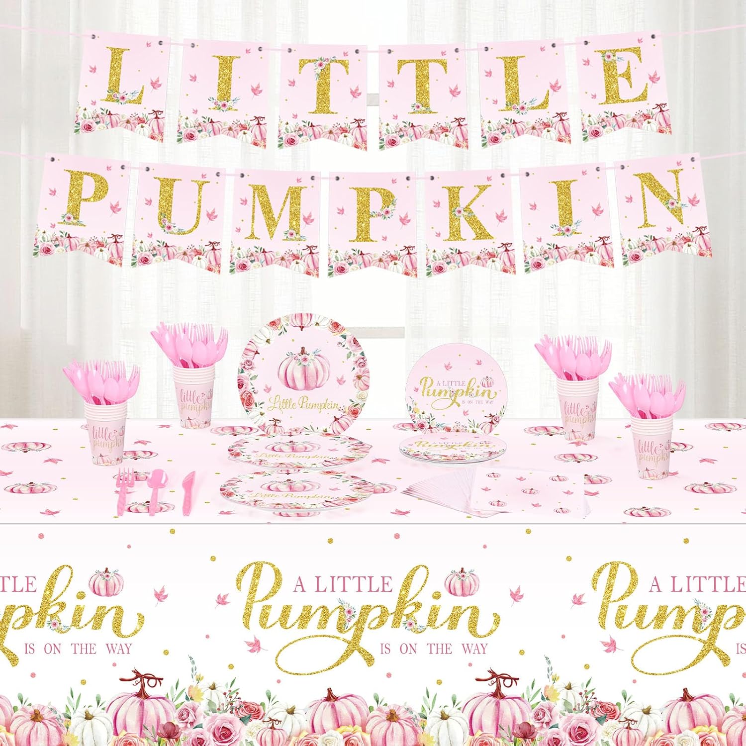 172 piezas de suministros de fiesta de calabaza pequeña incluyen mantel de otoño rosa con texto en inglés “A Little Pumpkin Is on the Way”, juego de