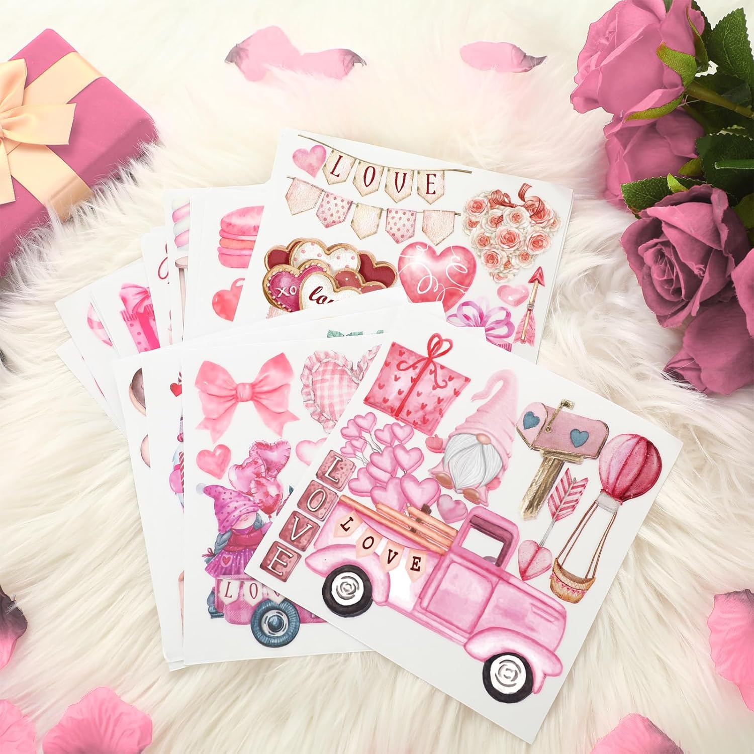 Honoson 20 hojas de transferencia para manualidades y muebles, calcomanías de transferencia para el día de San Valentín, diseño de gnomo de corazón,