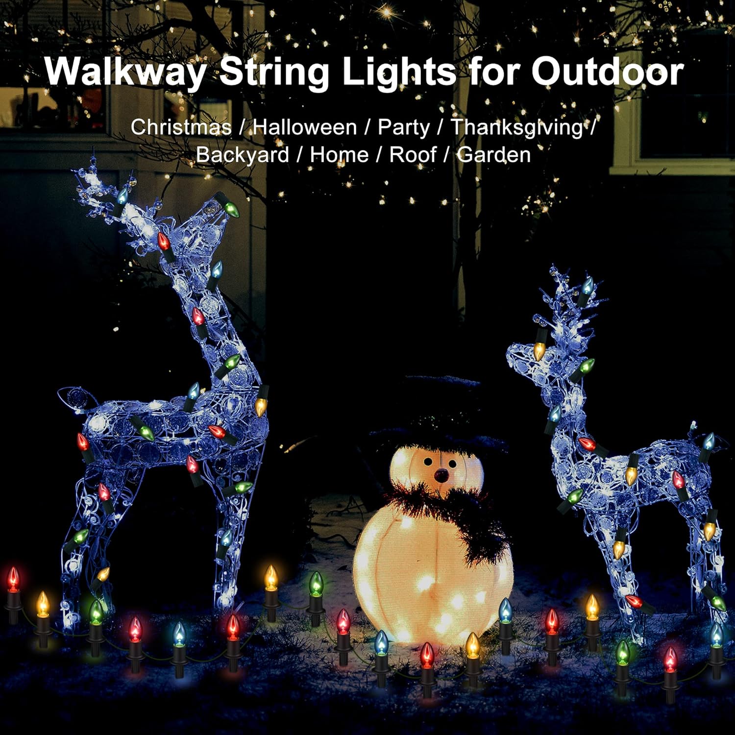 Luces de camino de Navidad para exteriores de 29 pies, 25 paquetes de luces de Navidad C9 con estacas para exteriores, luces de camino de Navidad