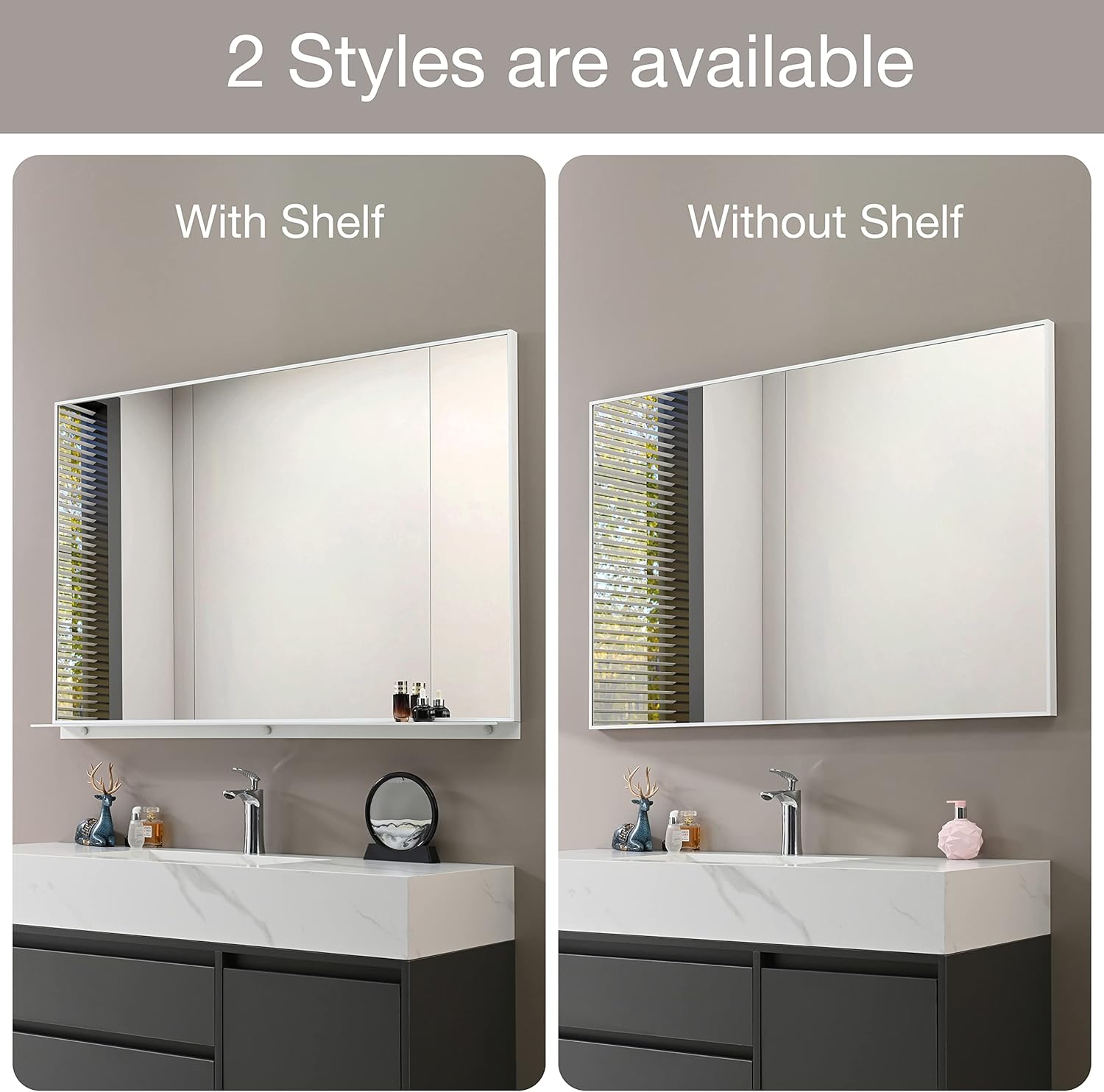 PetusHouse – Espejos rectangulares enmarcados de 48 x 32 pulgadas con estante extraíble, espejo de pared moderno para baño, dormitorio, sala de
