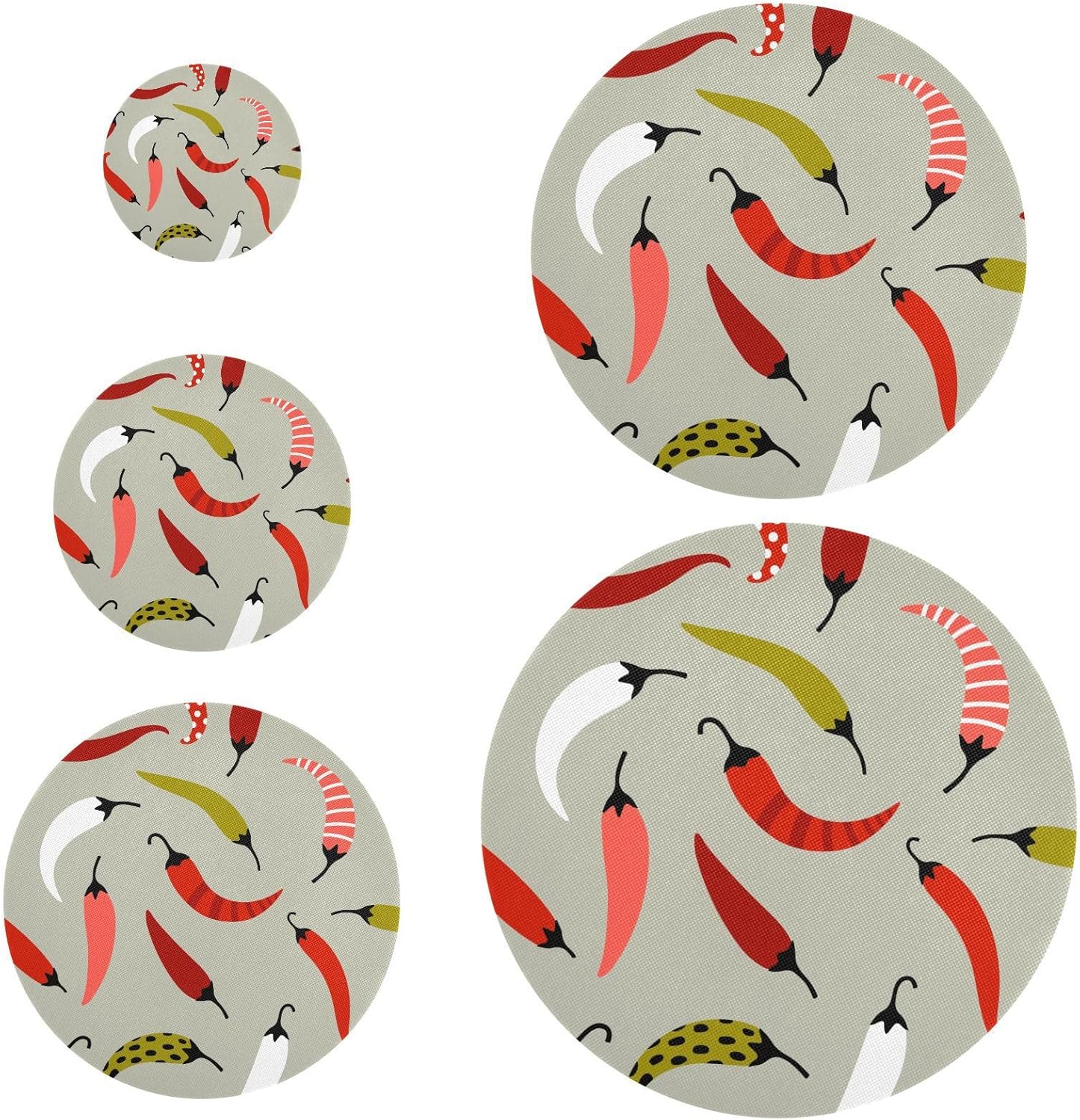 Chili Pepper 5PCS Reusable Elastic Bowl Covers for Food Storage Stretch Cloth Fabric Lids with 5 Different Sizes Waterproof Bowl Covers for Bread