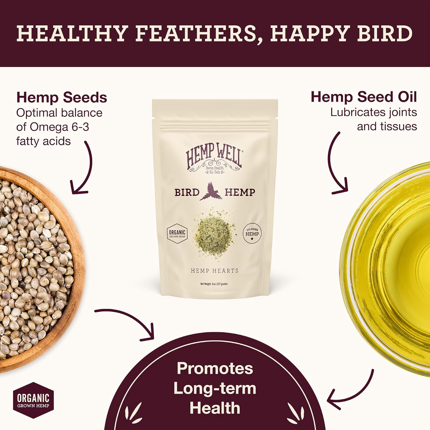 Hemp Well Corazones de cáñamo orgánico  Reduce el desplome de plumas, promueve la relajación, el apoyo inmunológico, de origen orgánico, cultivado