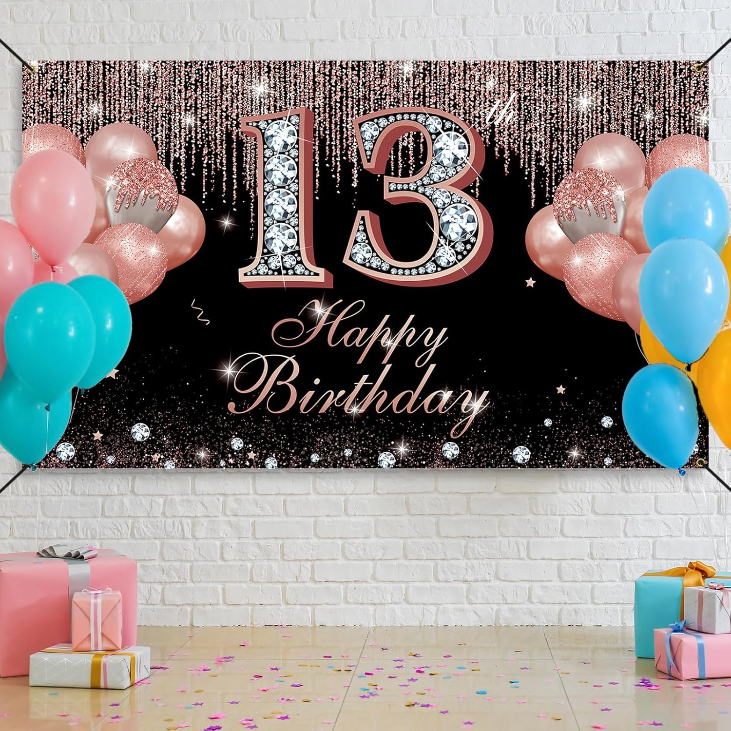 Decoraciones de feliz cumpleaños número 13 para niñas, color oro rosa, pancarta de fondo de cumpleaños de 13 años, letrero de fiesta de cumpleaños