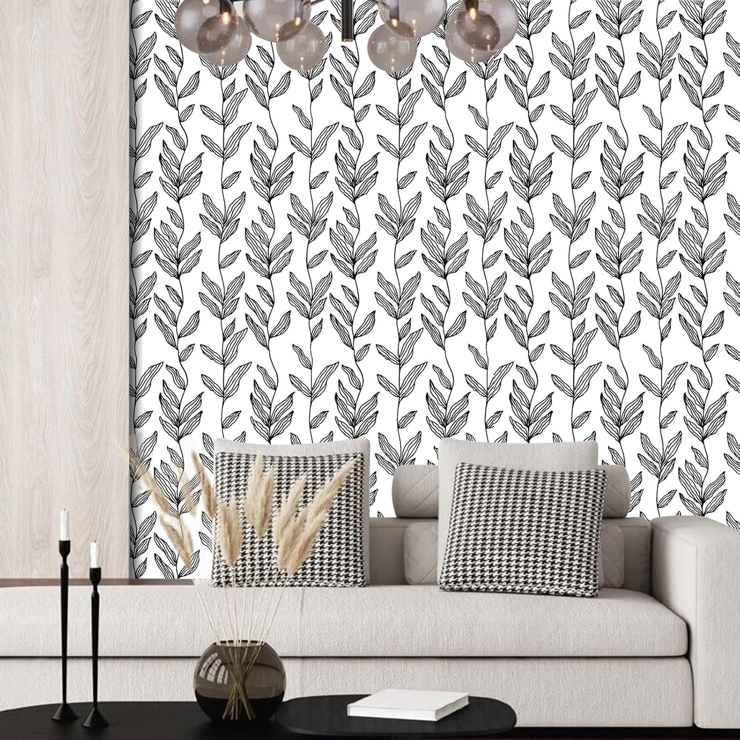 Papel tapiz autoadhesivo extraíble en blanco y negro, papel de contacto con hojas florales, moderno vinilo impermeable para cubrir paredes,