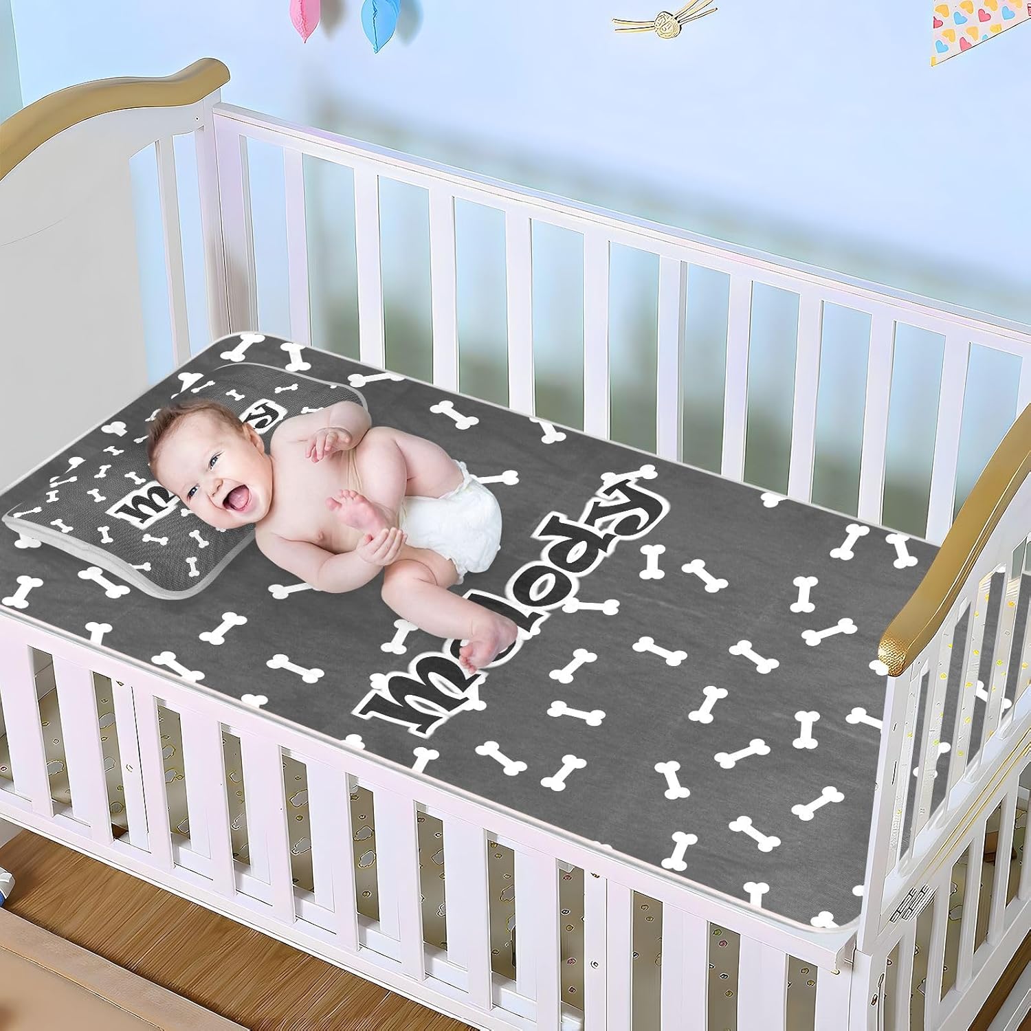 Custom Dog Bone Crib Mattress Protector Pad for Boys Girls Baby Ice Silk Mat Bed Toddler Mattress Pad Cooling Mattress Topper for Crib Mattress, 52″