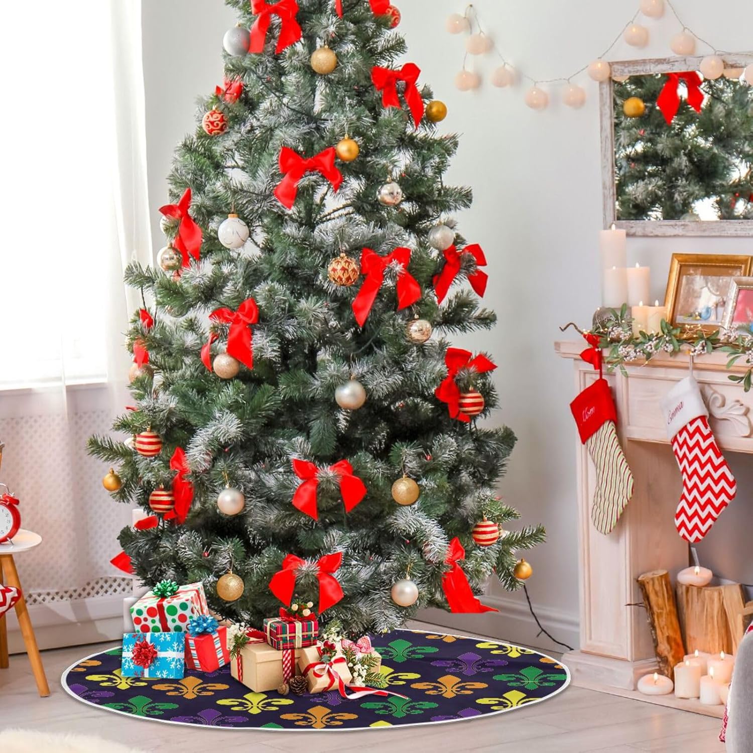 Mardi Gra con falda de árbol de Navidad de lirio francés, decoraciones para árbol, faldas de árbol de Navidad, lavables, falda pequeña para árbol de