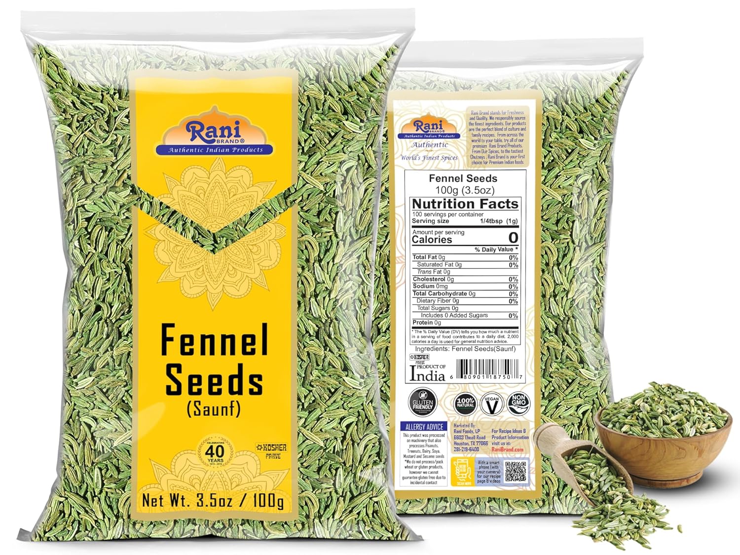 Rani – Semillas de hinojo (Saunf Sabut) – Especias enteras de 3.5 onzas (3.53oz)  Todo natural  Apto para gluten  Sin OMG  Veganas  Origen indio