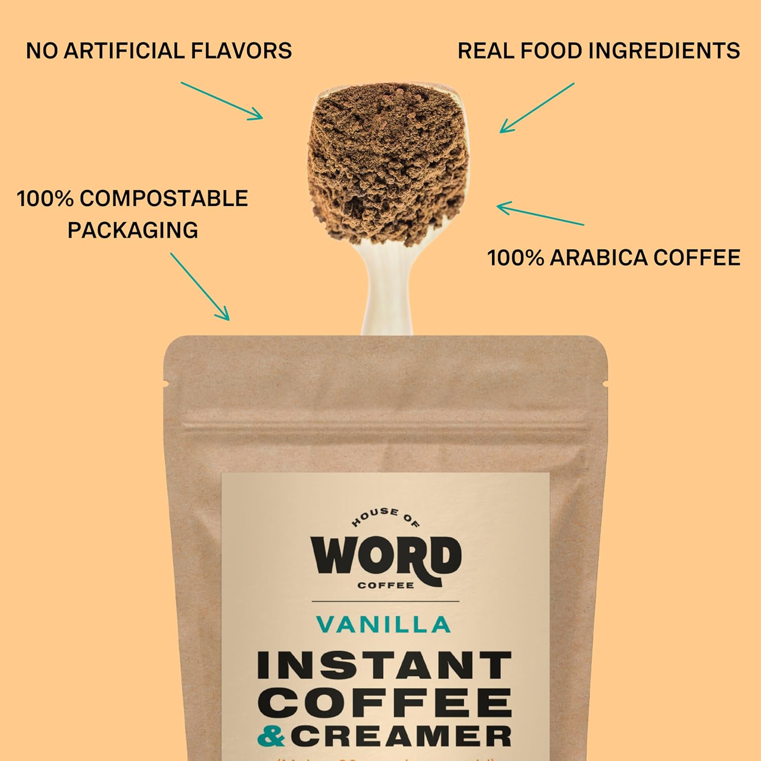 Word Arabica – Café instantáneo con crema, vainilla tostado medio, café natural caliente o helado, paquete compostable de origen responsable, 33