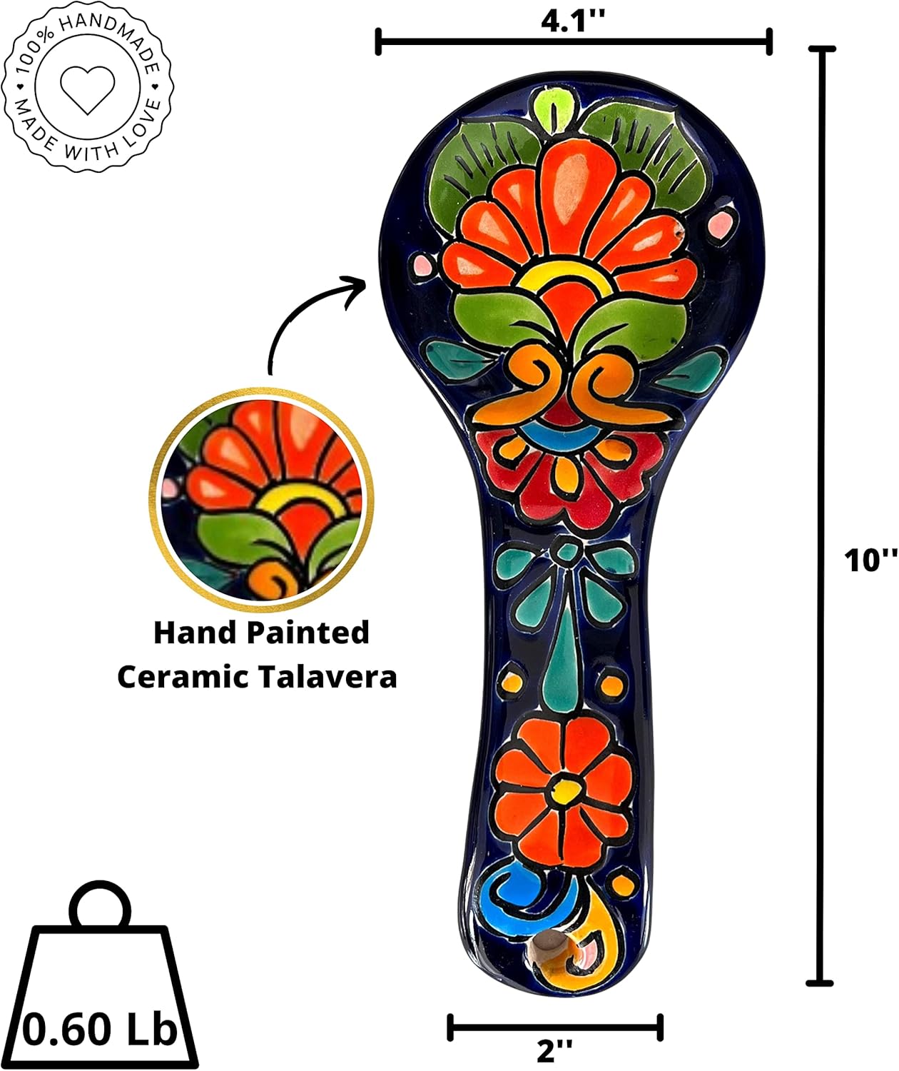 Talavera – Soporte para espátula de cerámica hecho a mano, colorida decoración mexicana de cocina (grande, azul cobalto)