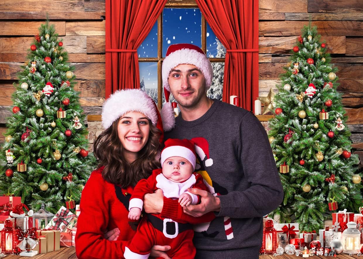 AIIKES Telón de fondo de Navidad de 7 x 5 pies para fotografía de madera de Navidad, ventanas, árbol de Navidad, regalos de árbol de Navidad, telón