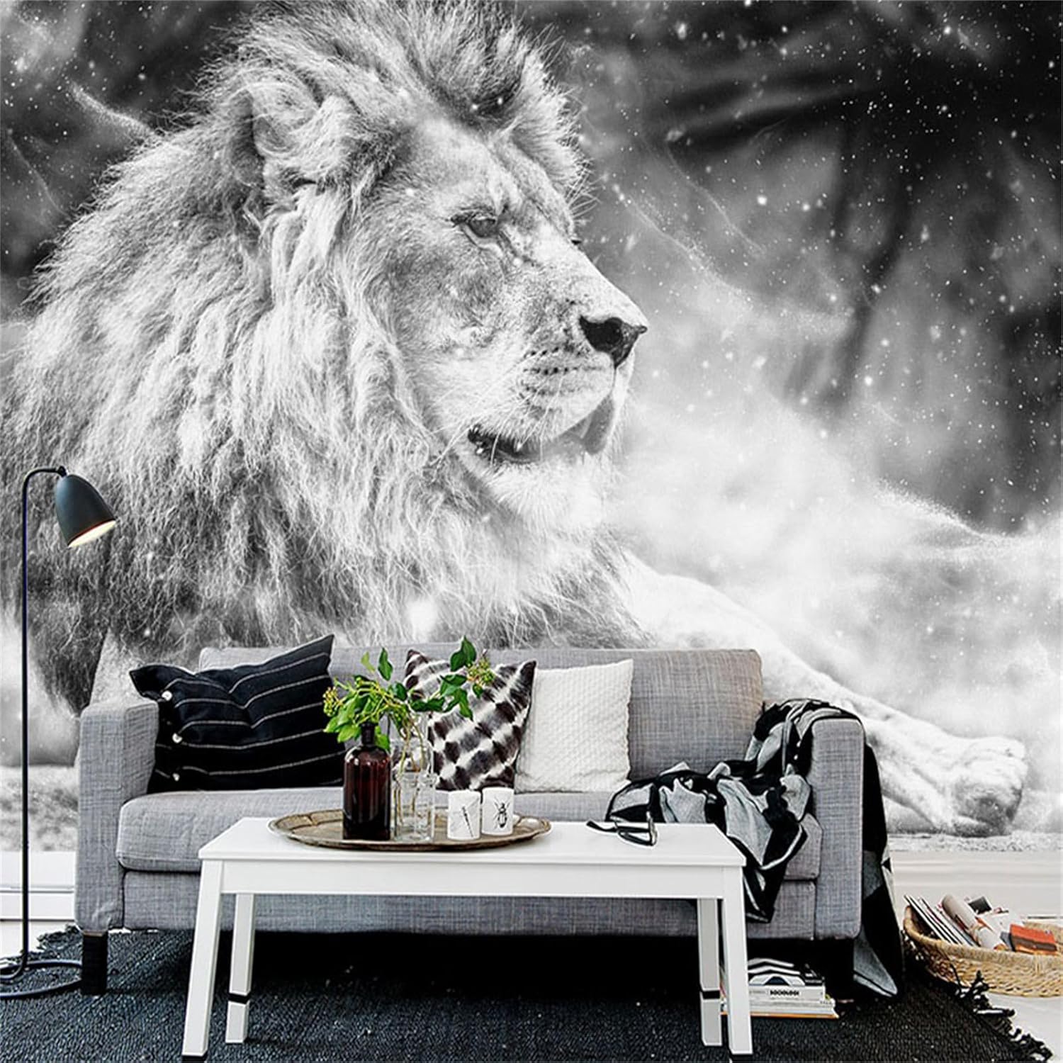 Murales de pared grandes 3D de león blanco y negro, papel tapiz mural personalizado de cualquier tamaño, calcomanías de pared 3D, duraderas e