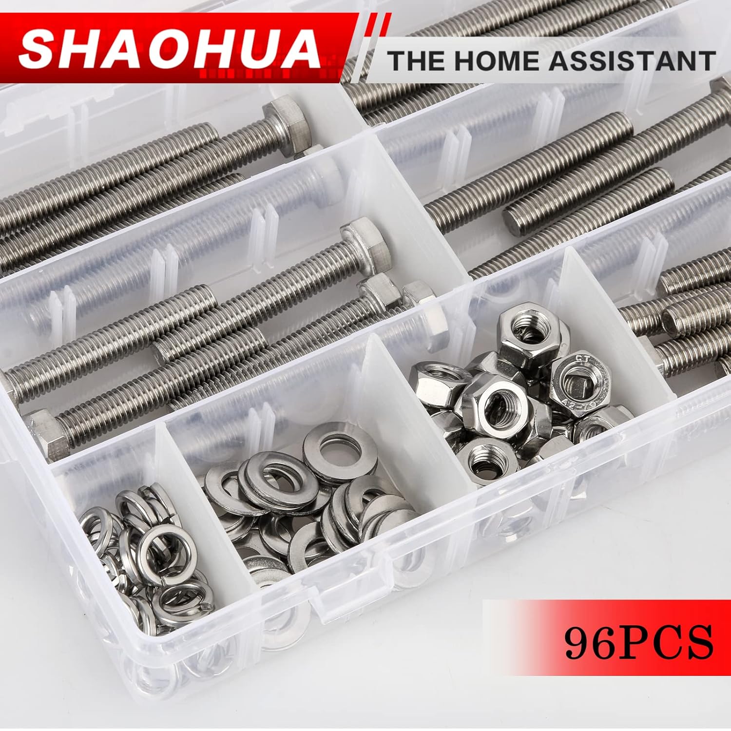 SHAOHUA Kit surtido de 96 tuercas y pernos  M8 x 405060703.150 in  Pernos hexagonales de acero inoxidable 304 resistentes, tuercas planas y