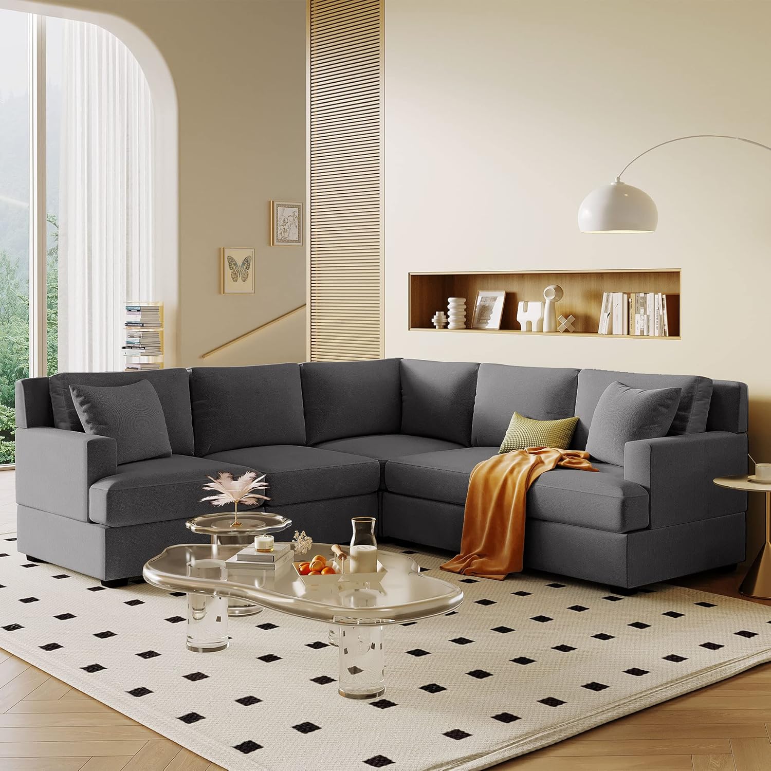 kevinplus Sofá modular modular de 88 pulgadas en forma de L para sala de estar, sofá esquinero moderno de 5 asientos con 2 cojines para apartamento,
