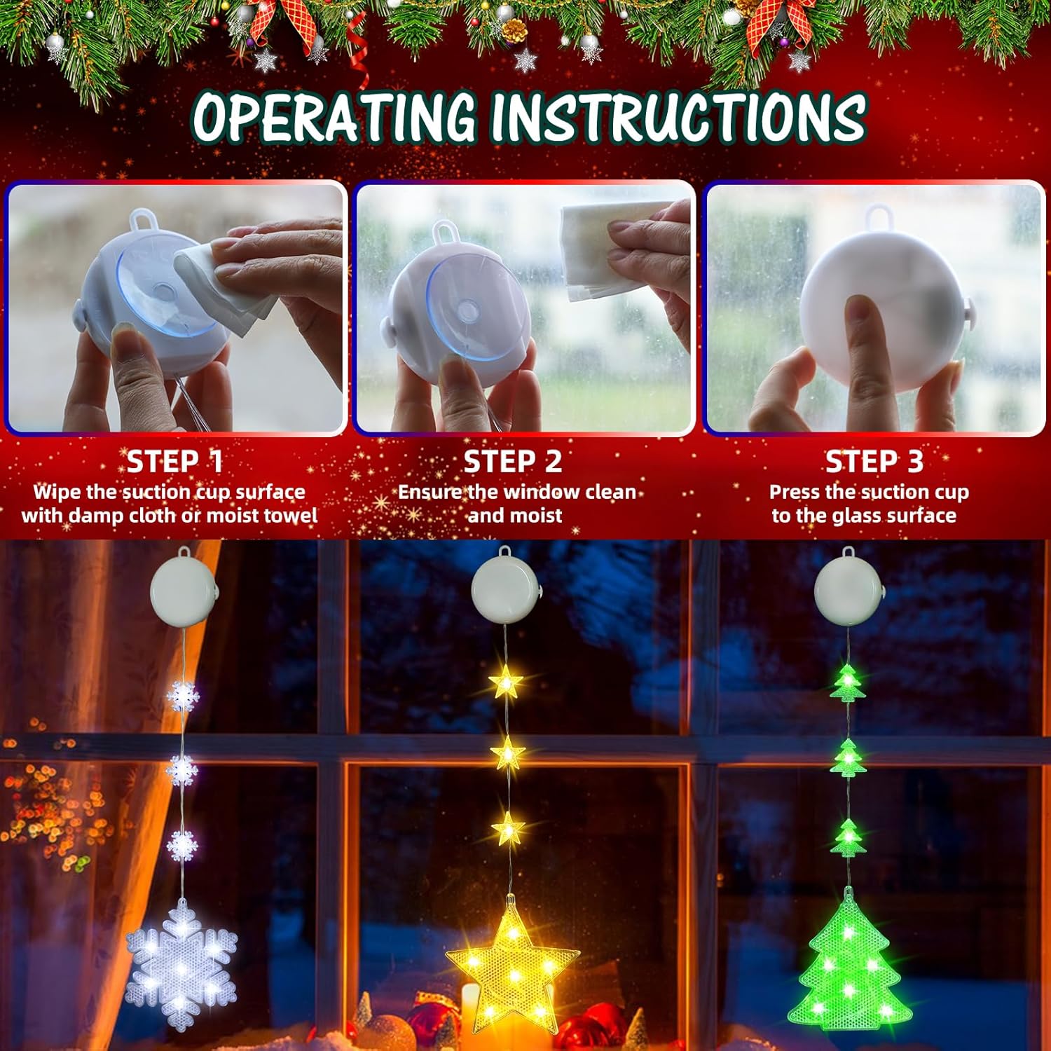 Decoraciones de Navidad, 3 luces de Navidad para ventana, alimentadas por pilas, decoración de ventana de Navidad, árbol y copo de nieve y forma de