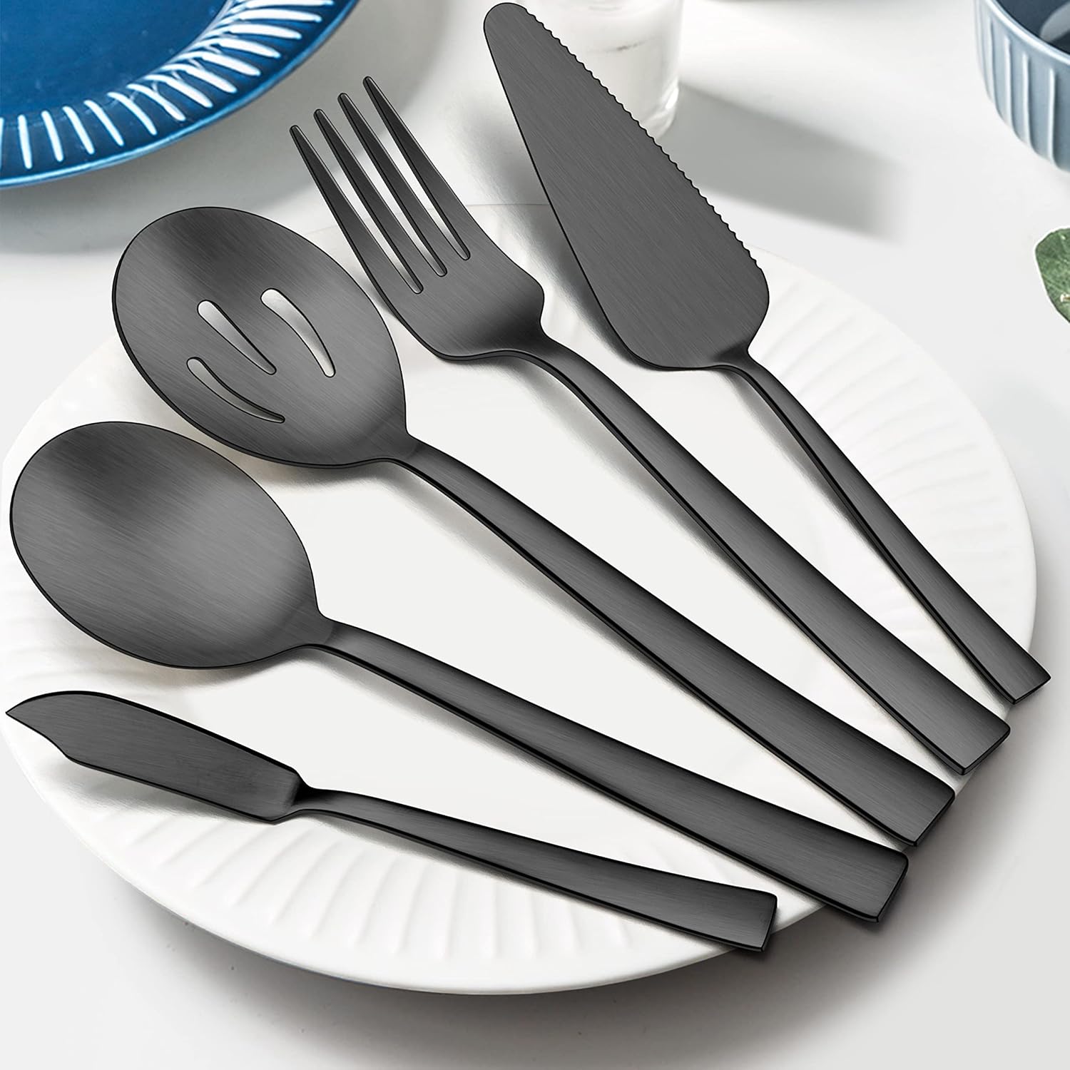 E-far Juego de 5 utensilios de servir color negro mate, utensilios de metal para servir catering, juego de servir de anfitriona de acero inoxidable