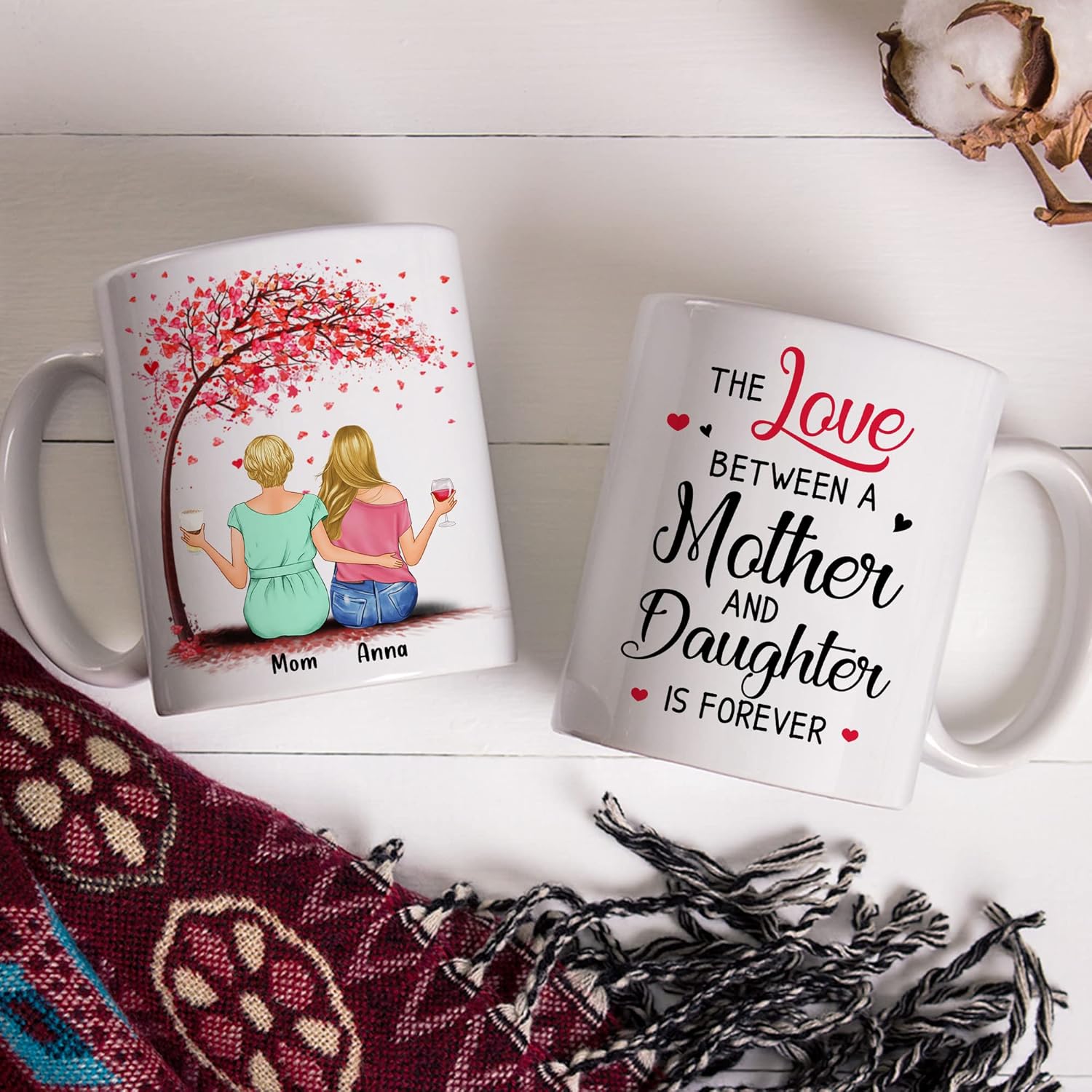 Taza de café personalizada con Avatares, nombres (madre e hija) con texto en inglés “Happy Mother’s Day The Love Between A Mother And Daughter Is