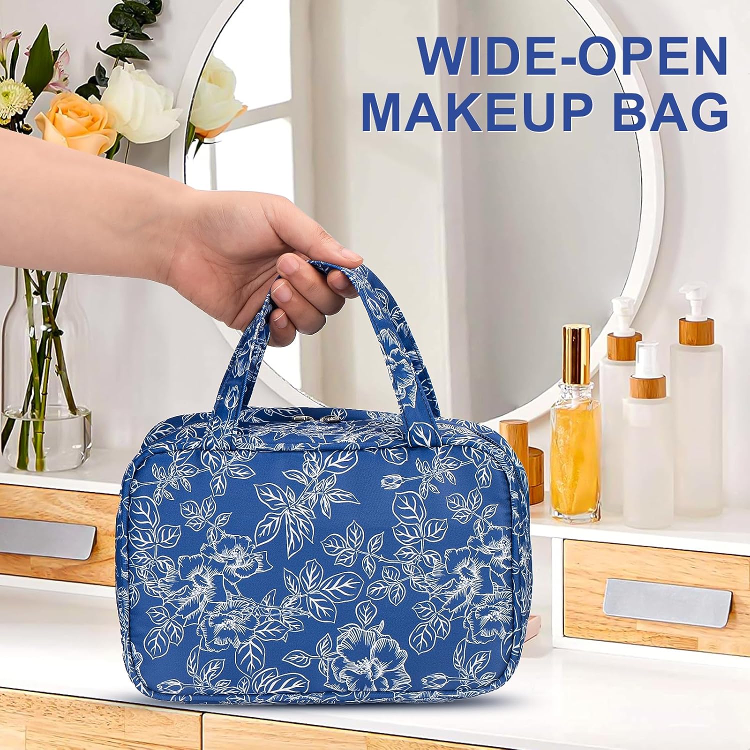 VEXTROFORT Bolsa de maquillaje, pequeñas bolsas de cosméticos de viaje portátiles para mujeres con organizador de brochas y asa, bolsa de maquillaje