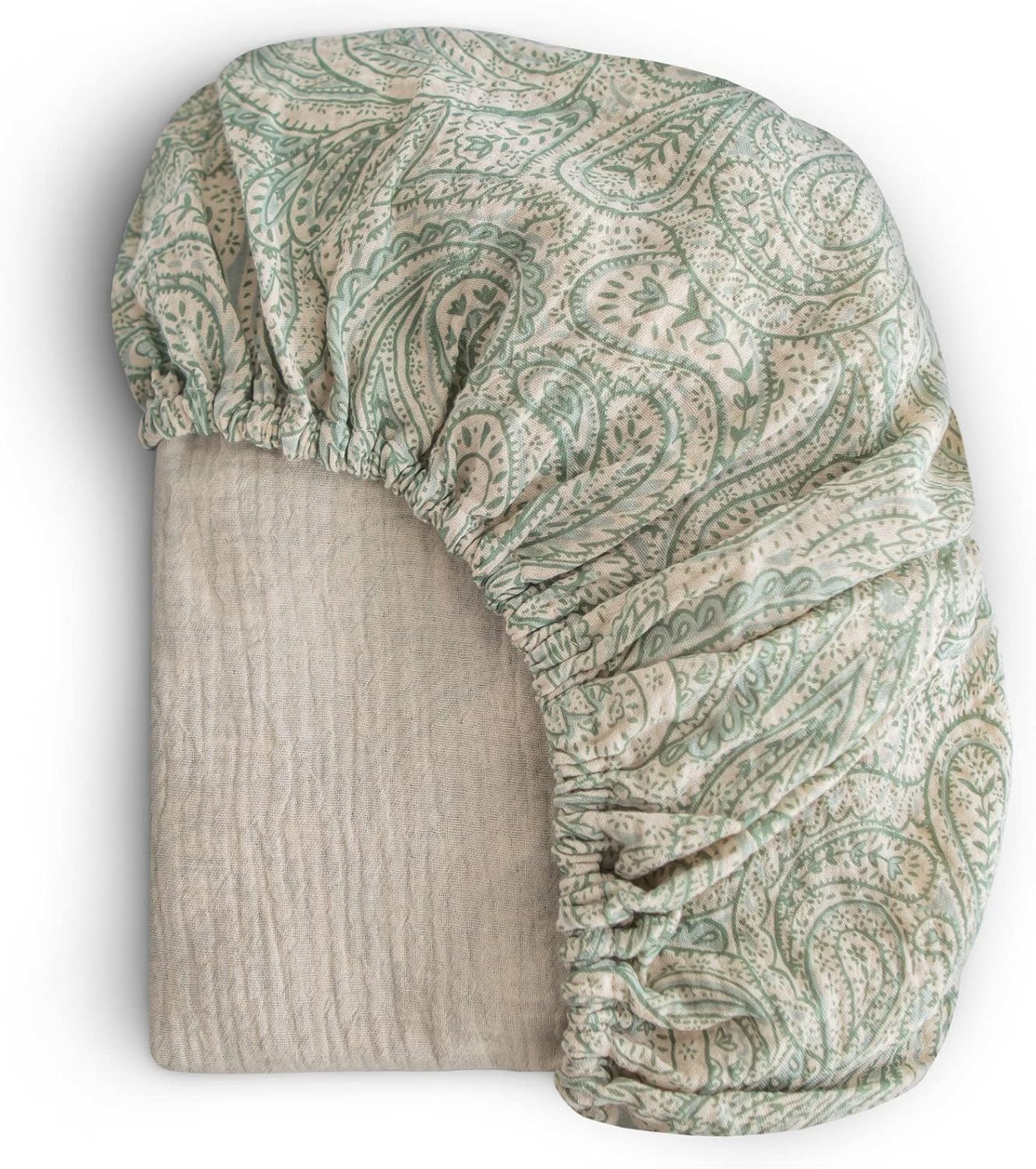 mushie Sábana bajera ajustable de muselina extra suave para cuna  24 x 38 pulgadas (estampado de cachemira verde)