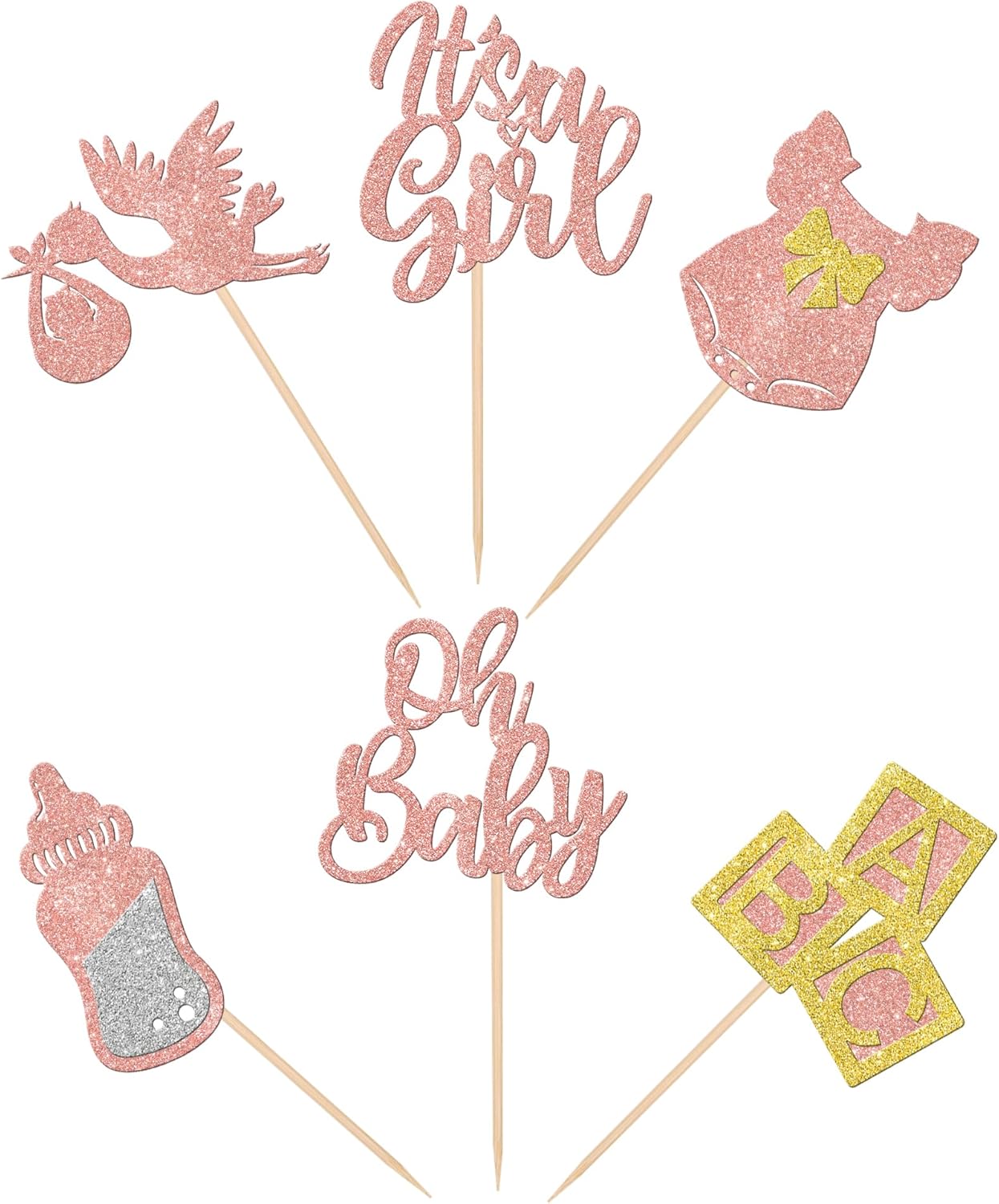 30 piezas de decoración de cupcakes para baby shower, vestido con lazo con purpurina, biberón para cupcakes “It’s a Girl”, decoración de pasteles