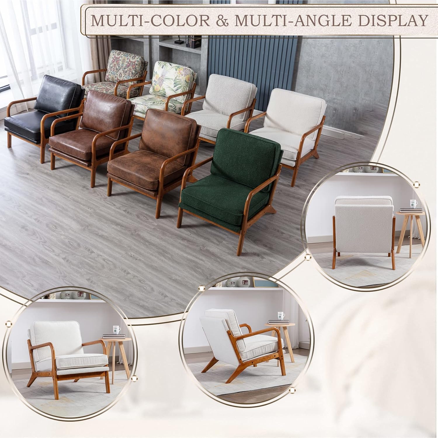 KINFFICT Silla decorativa tapizada de mediados de siglo, cómoda silla de descanso con cojín grueso, moderna silla de madera con brazos, silla de