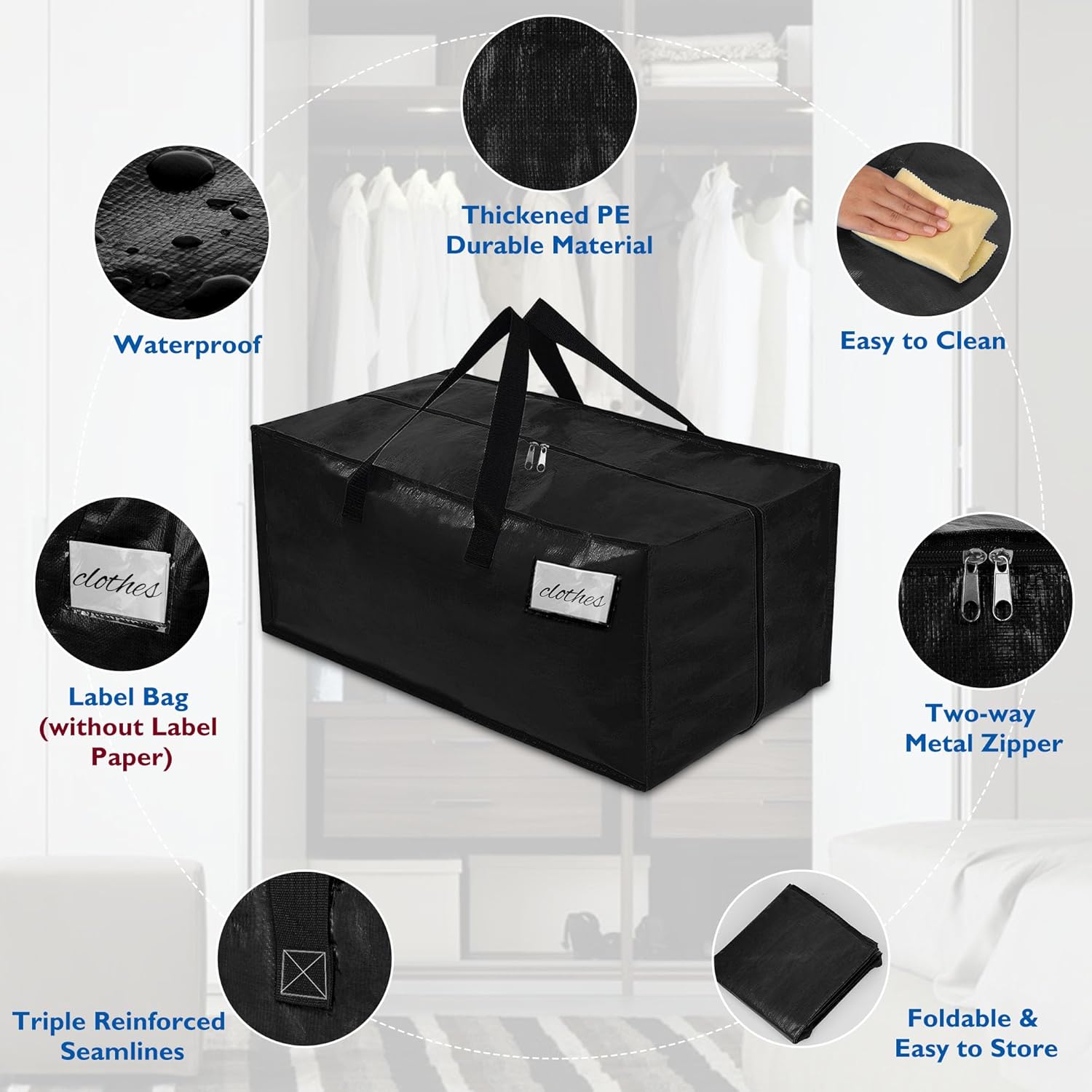 Paquete de 4 bolsas de almacenamiento extra grandes para decoraciones de Navidad, bolsas de mudanza con cremalleras y asas, bolsas negras