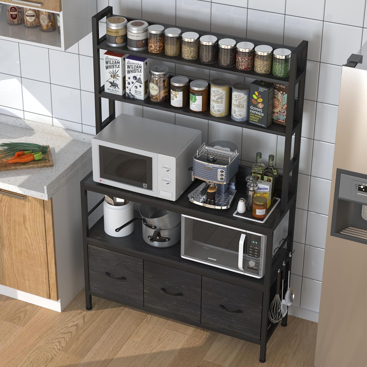 Estante para hornear de cocina con cestas, estante de almacenamiento de cocina de 5 niveles, soporte industrial para horno microondas, organizador