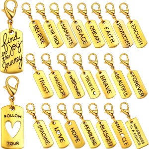 24 dijes dorados antiguos con clip de inspiración grabados con palabras motivacionales con cierre de langosta para hacer joyas, accesorios de 24 dijes dorados antiguos con clip de inspiración grabados con palabras motivacionales con cierre de langosta para hacer joyas, accesorios de