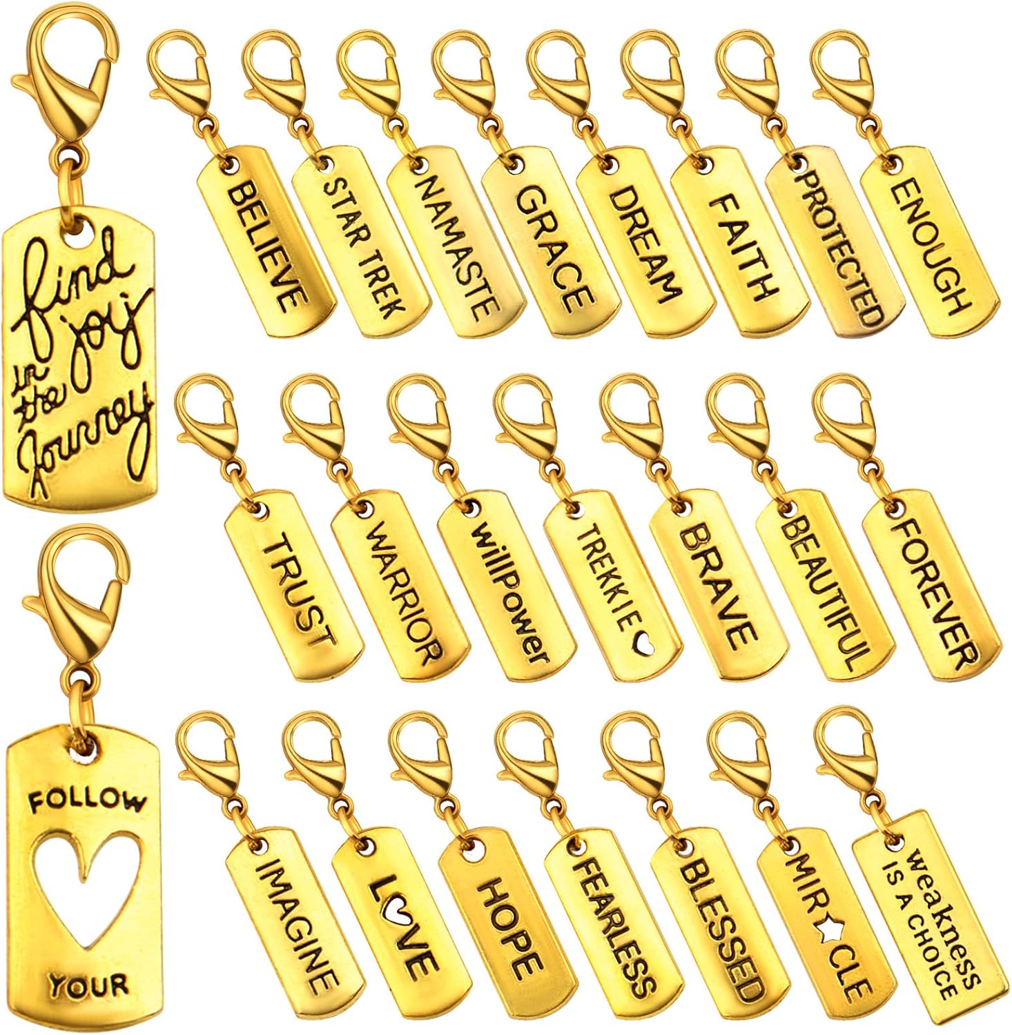 24 dijes dorados antiguos con clip de inspiración grabados con palabras motivacionales con cierre de langosta para hacer joyas, accesorios de