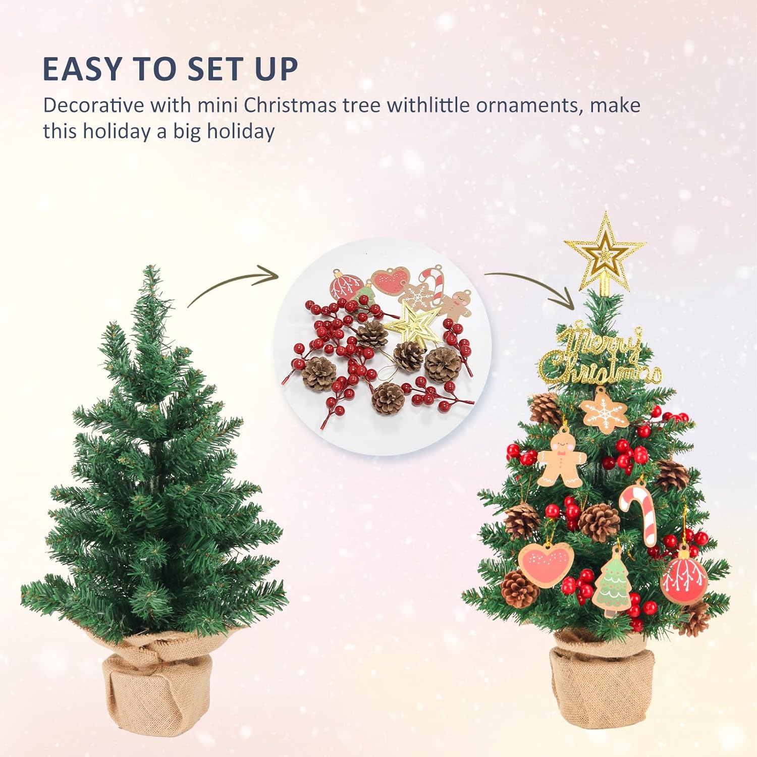 Mini árbol de Navidad artificial con luces, árboles de Navidad de mesa de 22 pulgadas, 65 puntas de rama, pequeños árboles de Navidad con adornos