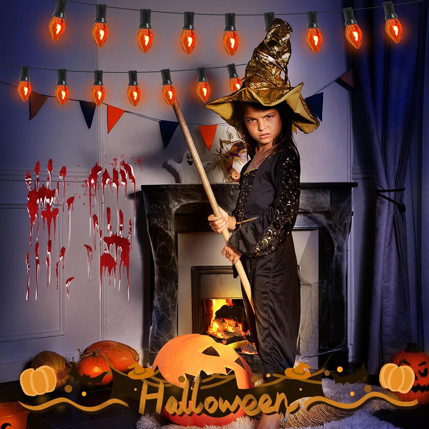 Tira de luces de llama parpadeante, 25 pies C7 naranja de Halloween, luces de llama parpadeante naranja para decoración de exteriores e interiores,