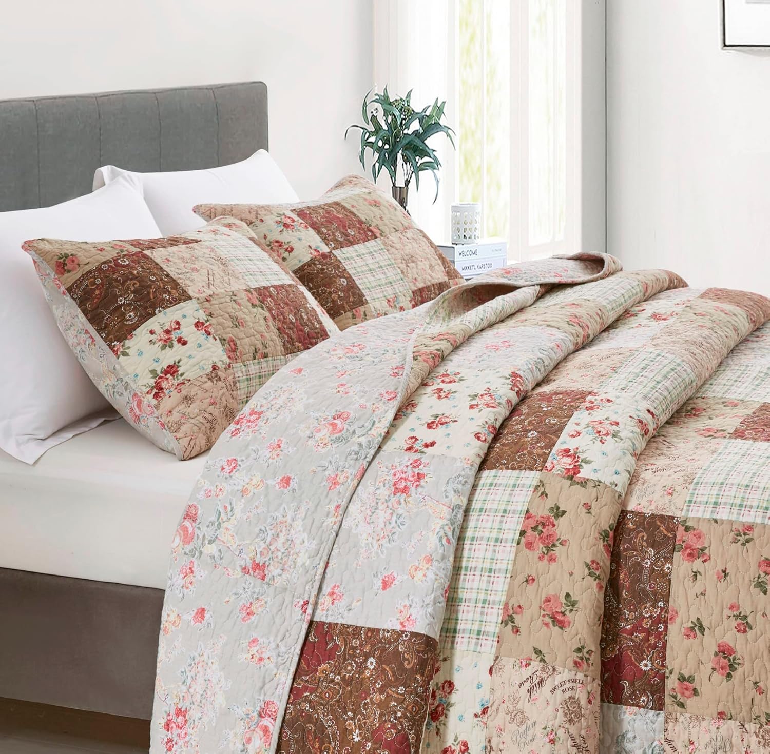 Chezmoi Collection Cynthia – Juego de edredón elegante de 3 piezas, colcha floral a cuadros, colcha reversible ligera de algodón prelavado, tamaño