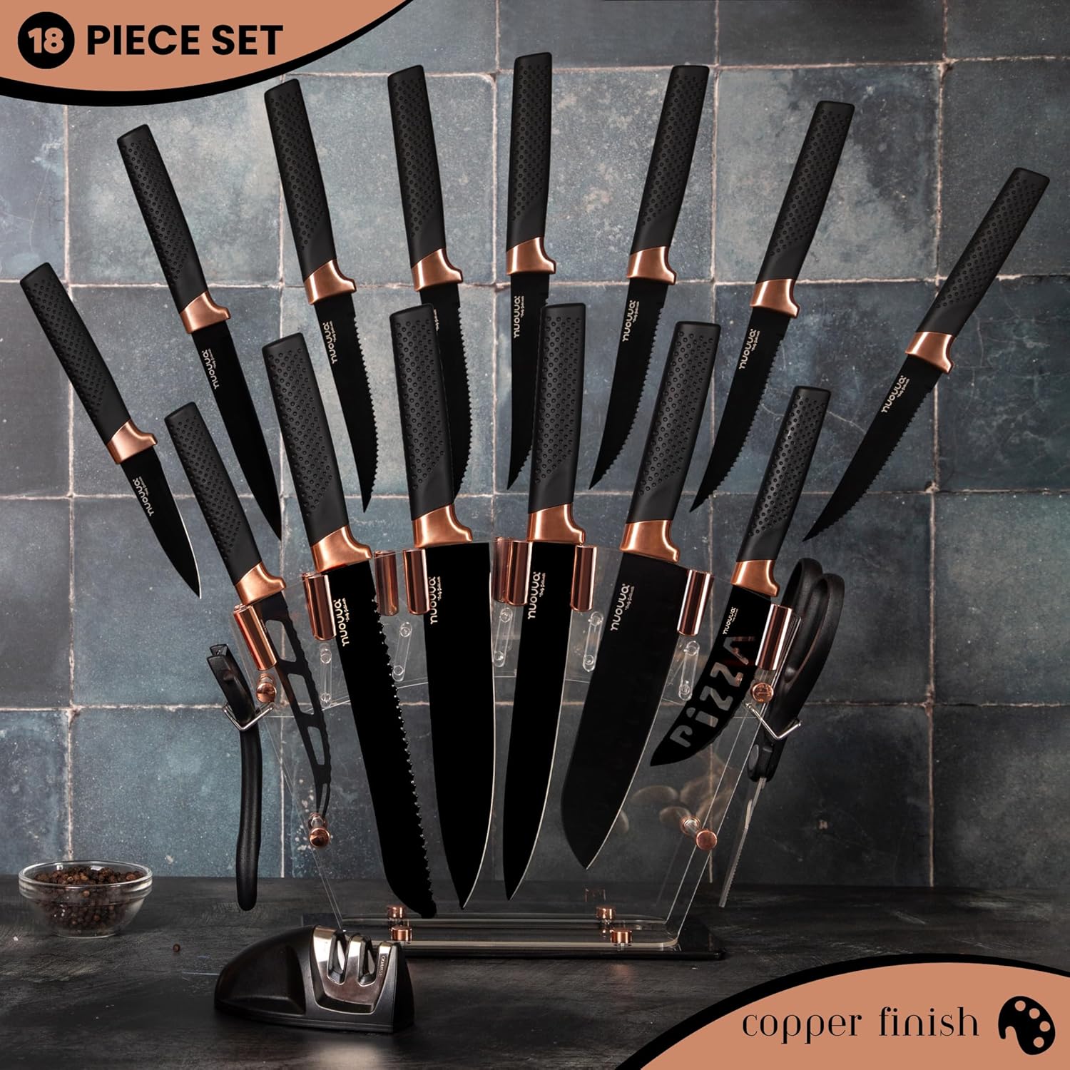 nuovva Juego de cuchillos de cocina profesionales con bloque, juego de cuchillos de cobre de 17 piezas con cuchillos para carne, bloque de acrílico