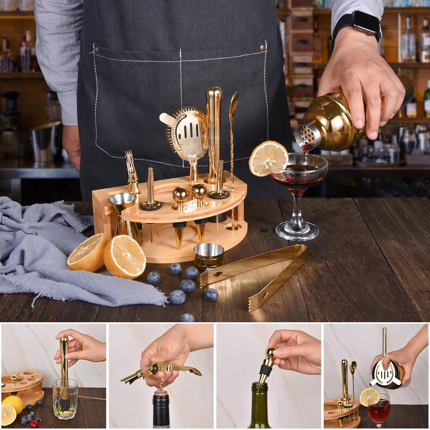 Kit de camarero con elegante soporte de bambú, juego de coctelera de 12 piezas de 25 onzas para bebidas mixtas, juego de herramientas profesionales