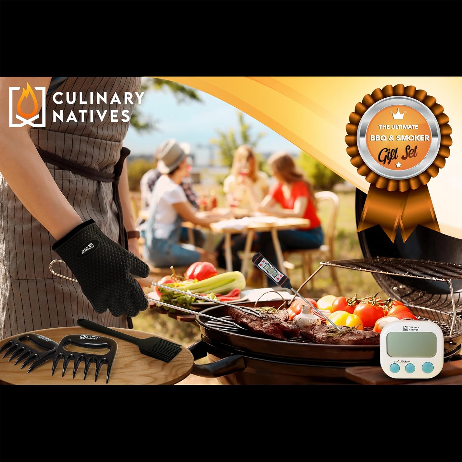 Juego de accesorios para ahumadores – Guantes de horno para parrilla, garras de barbacoa, termómetro de carne, temporizador y cepillo de silicona