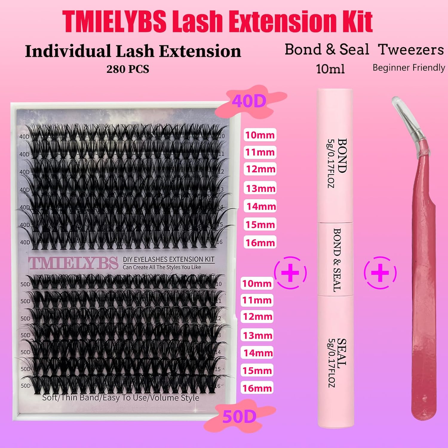 TIMELABS – Kit de extensiones de pestañas individuales, 280 unidades, mezcla de racimos 40D, 50D, 0.47-0.630 pulgadas, con unión de pestañas, sello