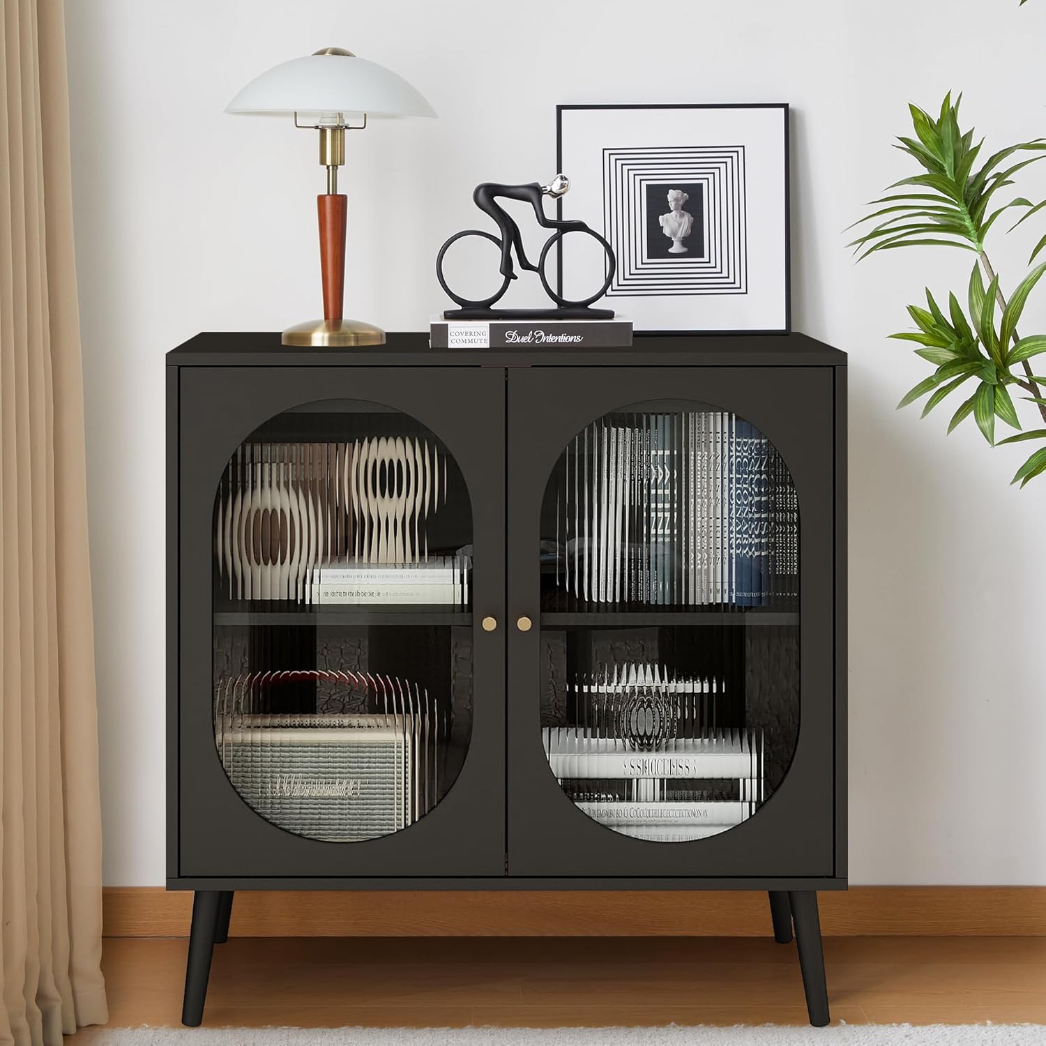 PHOYAL Aparador de buffet, armario de almacenamiento moderno con 2 puertas y estantes ajustables para cocina, sala de estar, pasillo, color negro