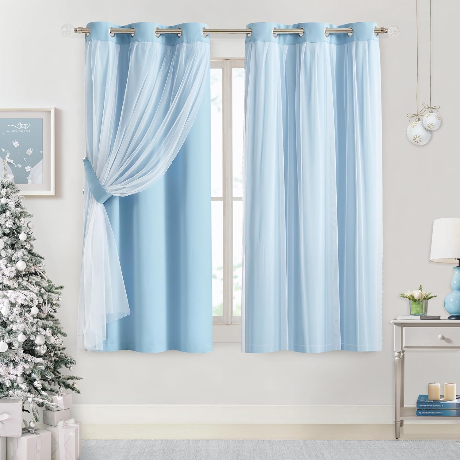 Cortinas 90% opacas de color azul cielo con superposición transparente, mezcla y combinación, paneles de ventana de doble capa con aislamiento