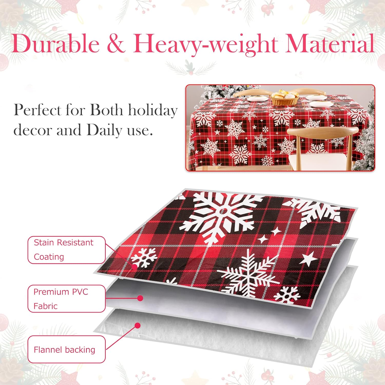 Mantel navideño de vinilo con reverso de franela, impermeable, a prueba de aceite, resistente a las manchas, copo de nieve, de plástico,