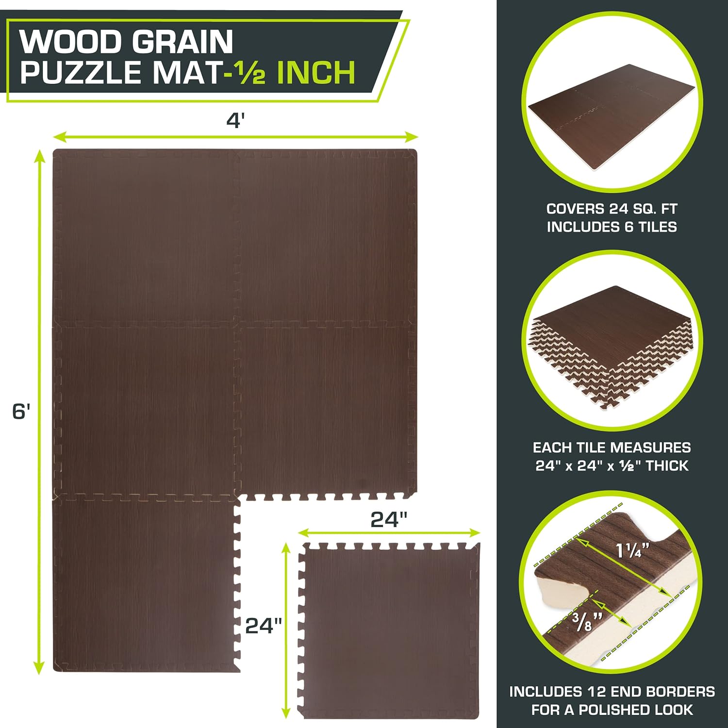 ProsourceFit Tapete de rompecabezas de grano de madera de 12 pulgadas, 6 azulejos de espuma EVA entrelazados (24 pies cuadrados) para equipos de