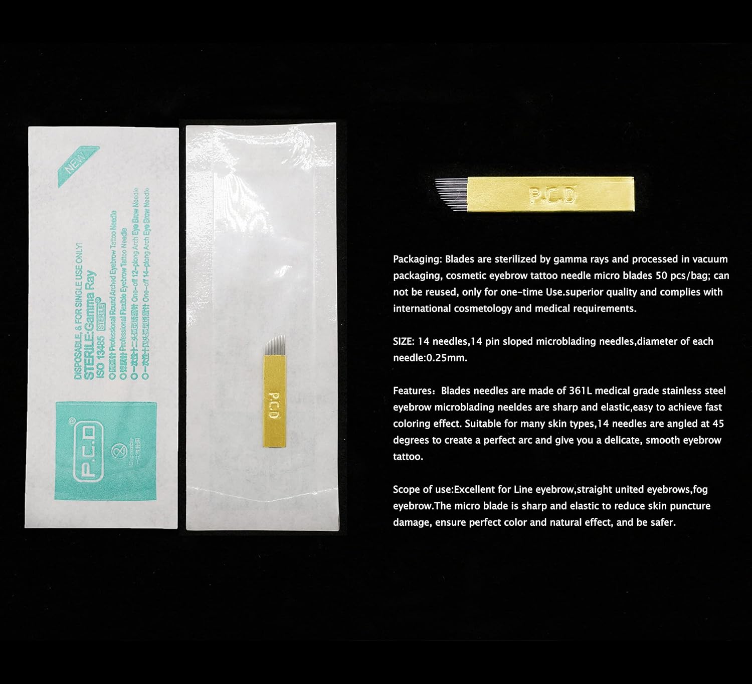 50 piezas desechables para cejas, pluma de microblading, microblade de cejas, PCD 14Pin forma manual Microblading herramienta (0.010 in-14P)