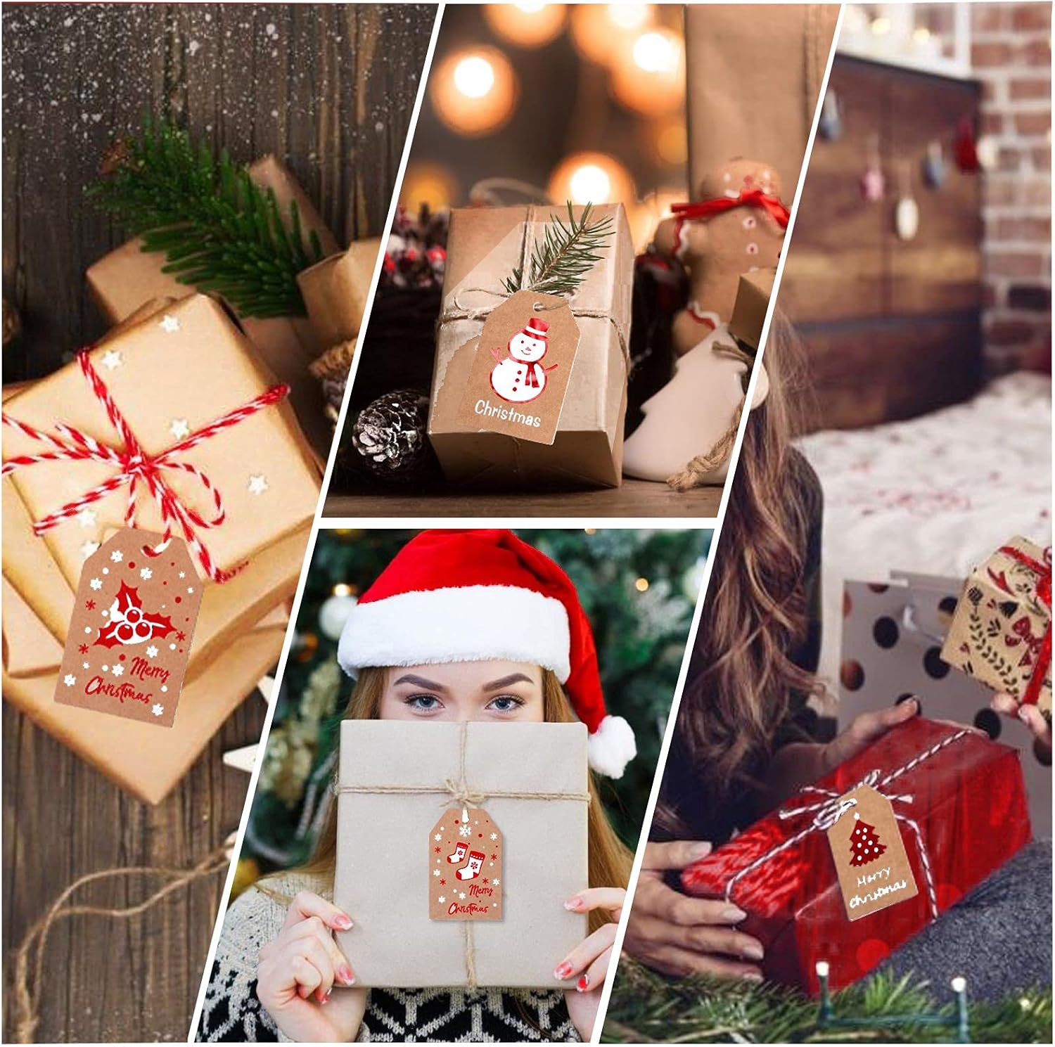 Paquete de 100 etiquetas de regalo de papel kraft de Navidad, etiquetas de papel kraft marrón navideño, etiquetas colgantes de Navidad con cuerda de