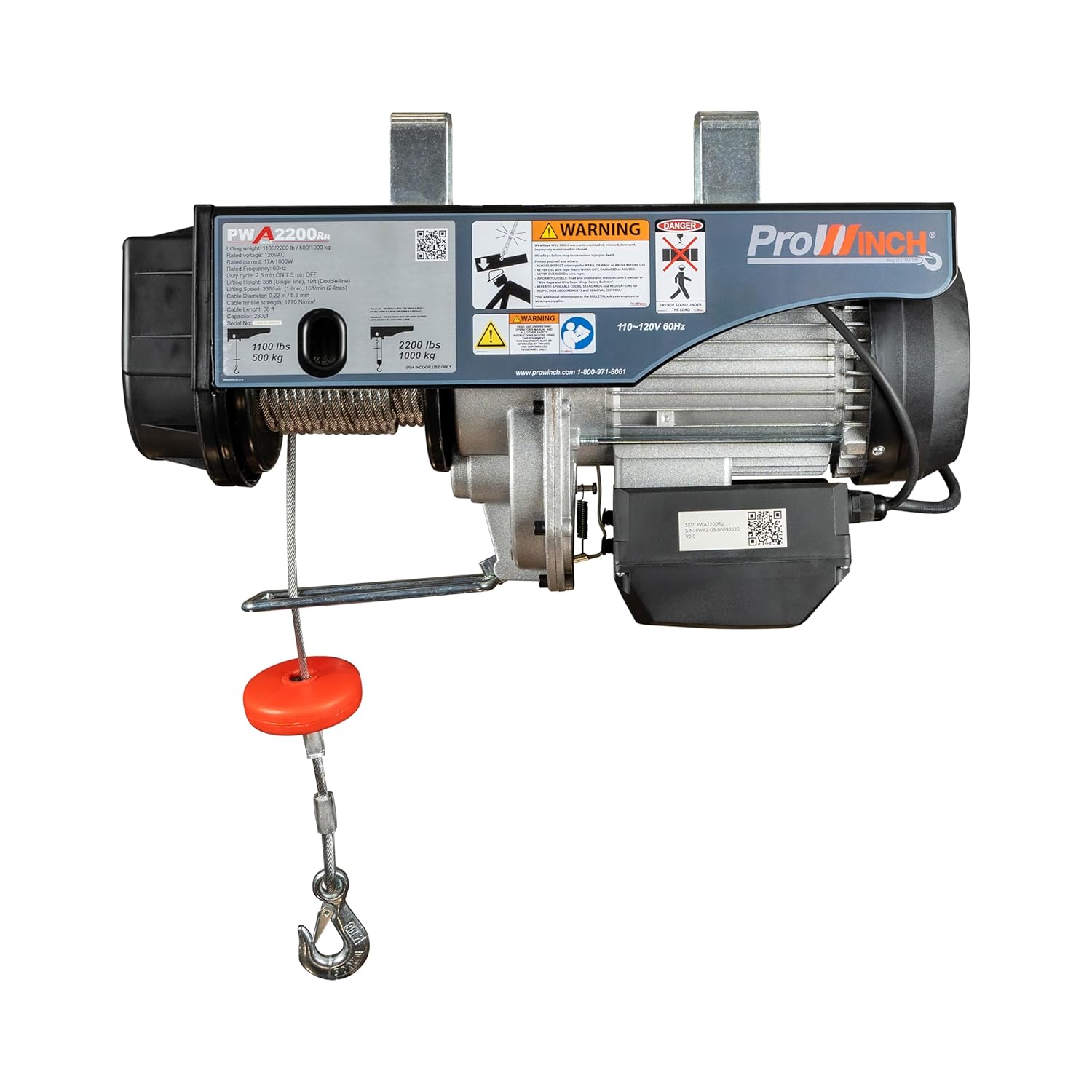 Prowinch Alzamiento eléctrico de cuerda de alambre de 1 tonelada Grúa de capacidad de carga de 2000 libras con sistema de control remoto inalámbrico