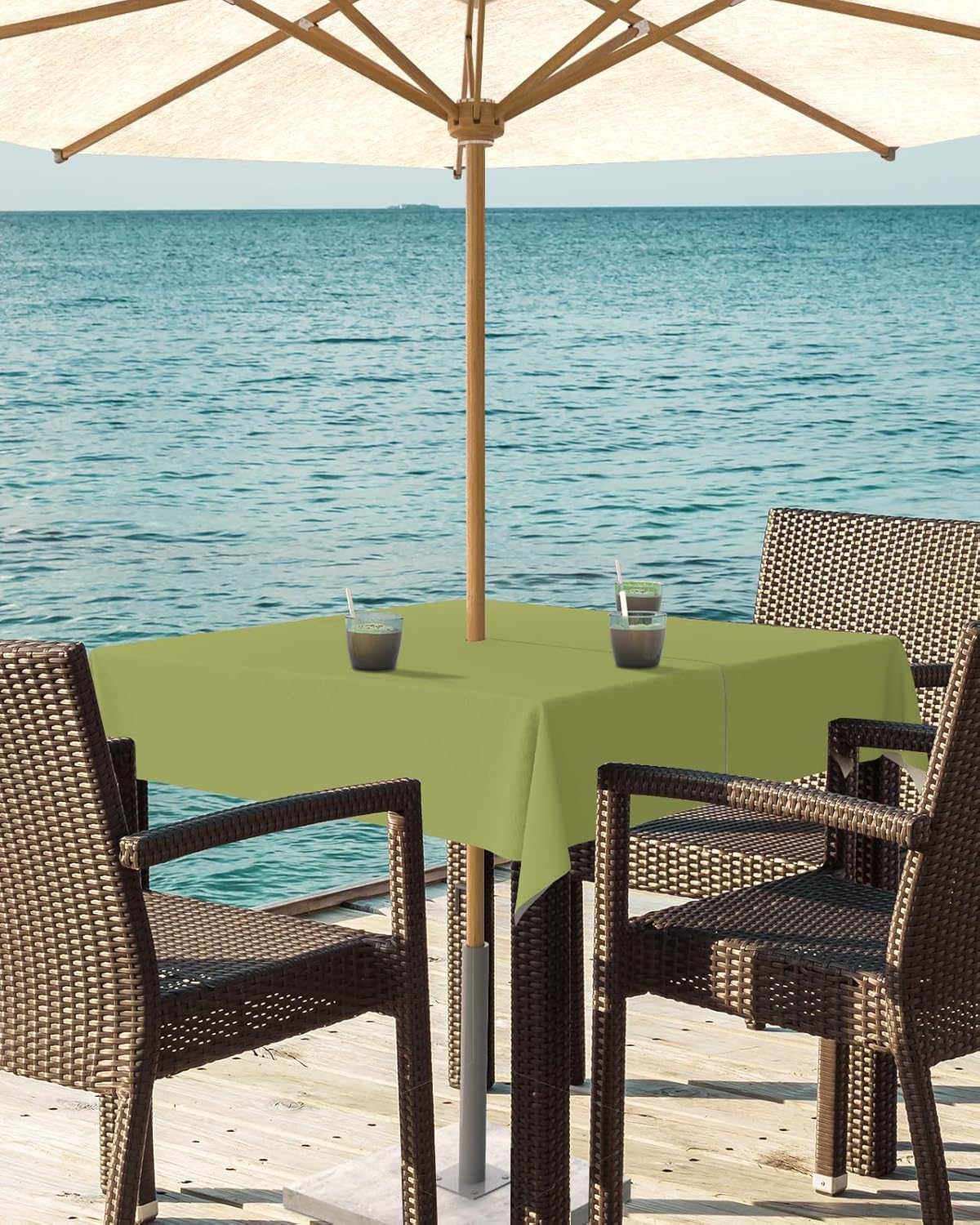 Mantel de exterior verde oliva con agujero para sombrilla y cremallera, mantel de color sólido para mesas cuadradas, colección de mesa impermeable