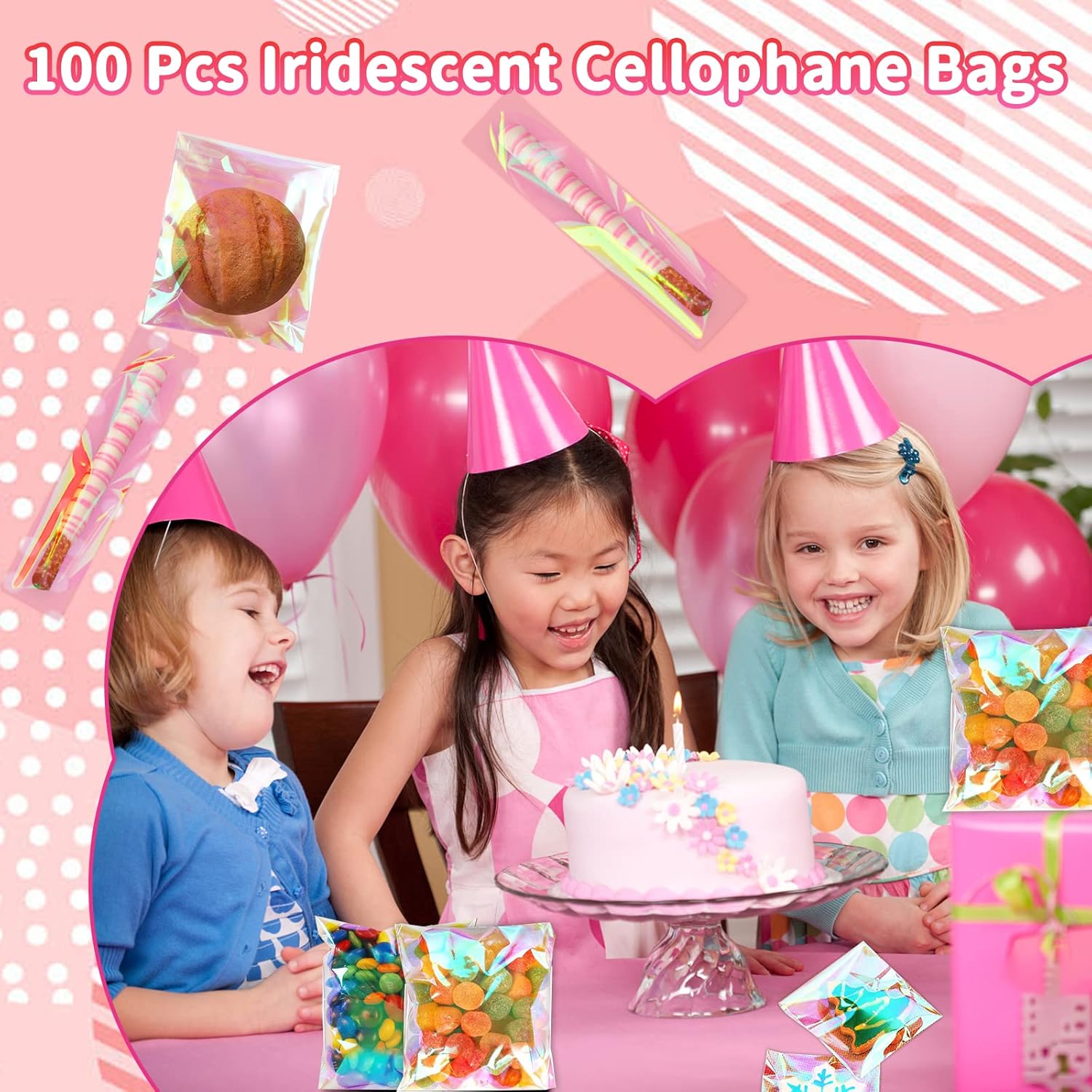 SUREHOME Bolsas para galletas con sellado, 100 unidades, 5 x 6 pulgadas, holográficas, iridiscentes, autoadhesivas, bolsas de celofán resellables,