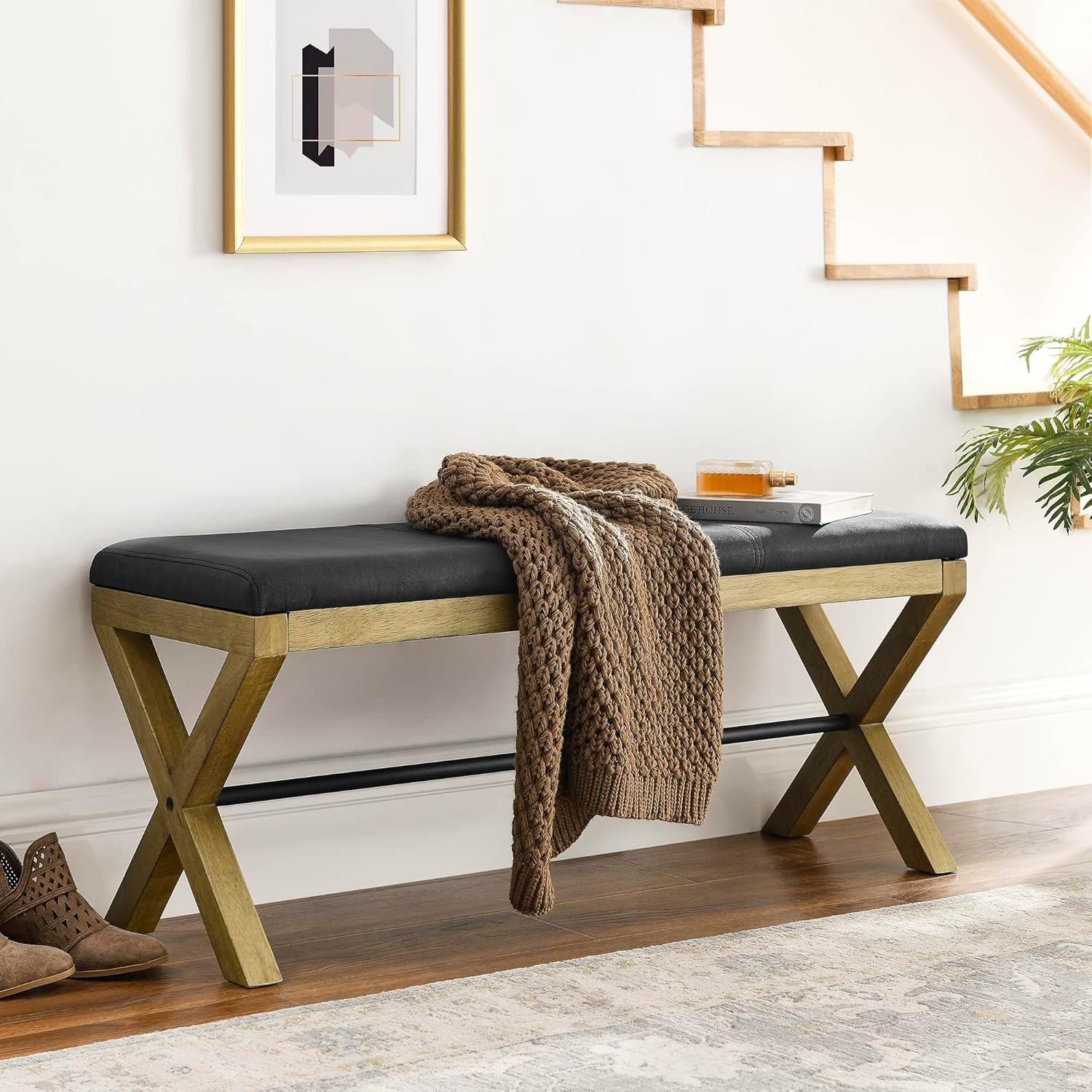 TEFUNE Otomanas de almacenamiento acolchadas, taburete de dormitorio, taburete de cama tejido con patas de madera cruzadas, adecuado para sala de