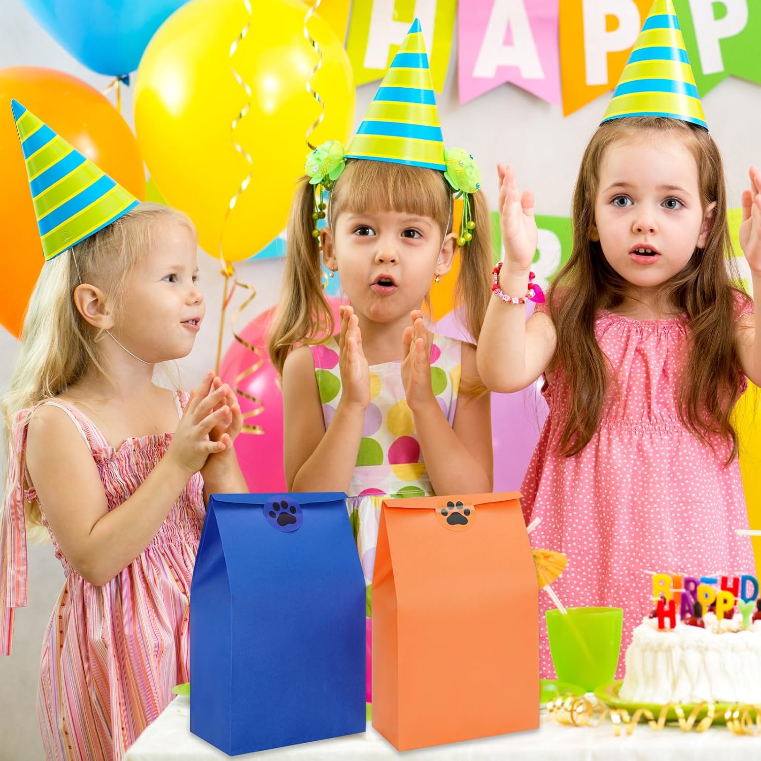 Whaline 24 bolsas de regalo de fiesta de color azul y naranja, bolsas de regalo de papel con calcomanías de pata de perro, bolsas de dulces para