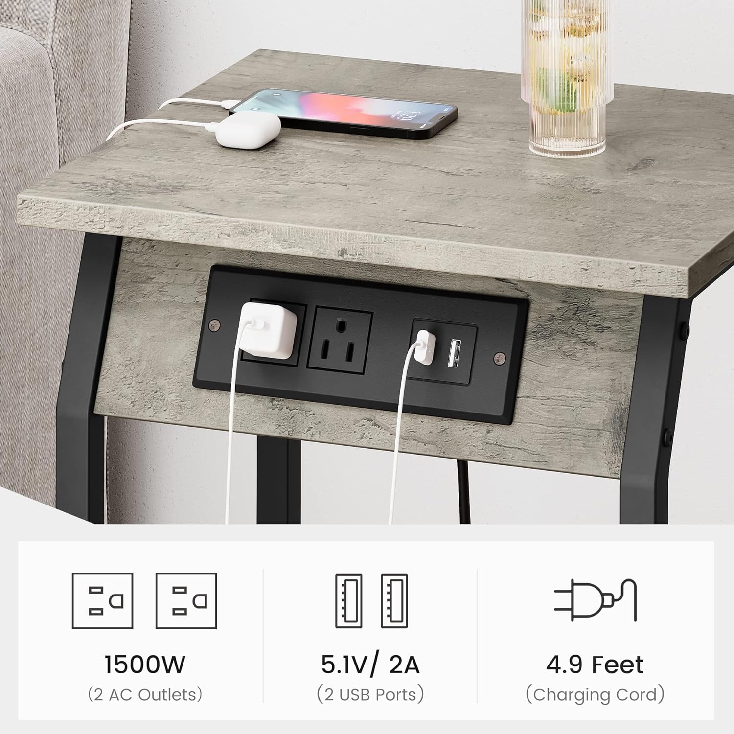Mesa auxiliar con puertos de carga USB y tomacorrientes, mesita de noche de 2 niveles para sala de estar, mesa auxiliar de dormitorio con estación