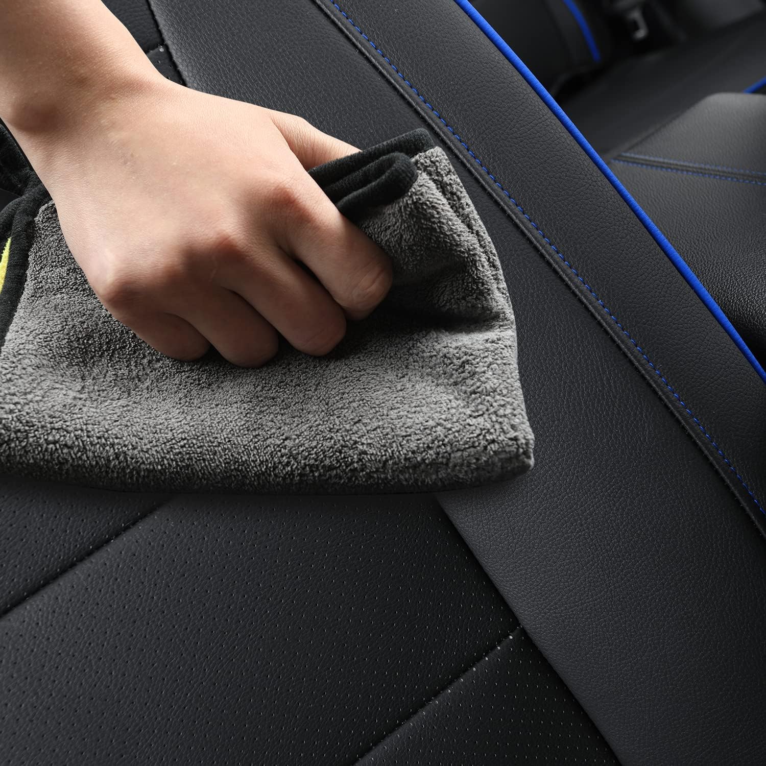 Fundas de asiento de terreno, aptas para GMC Terrain SLE SLT Denali AT4 SL 4dr SUV, piel sintética resistente al agua (juego completo, negro y azul)